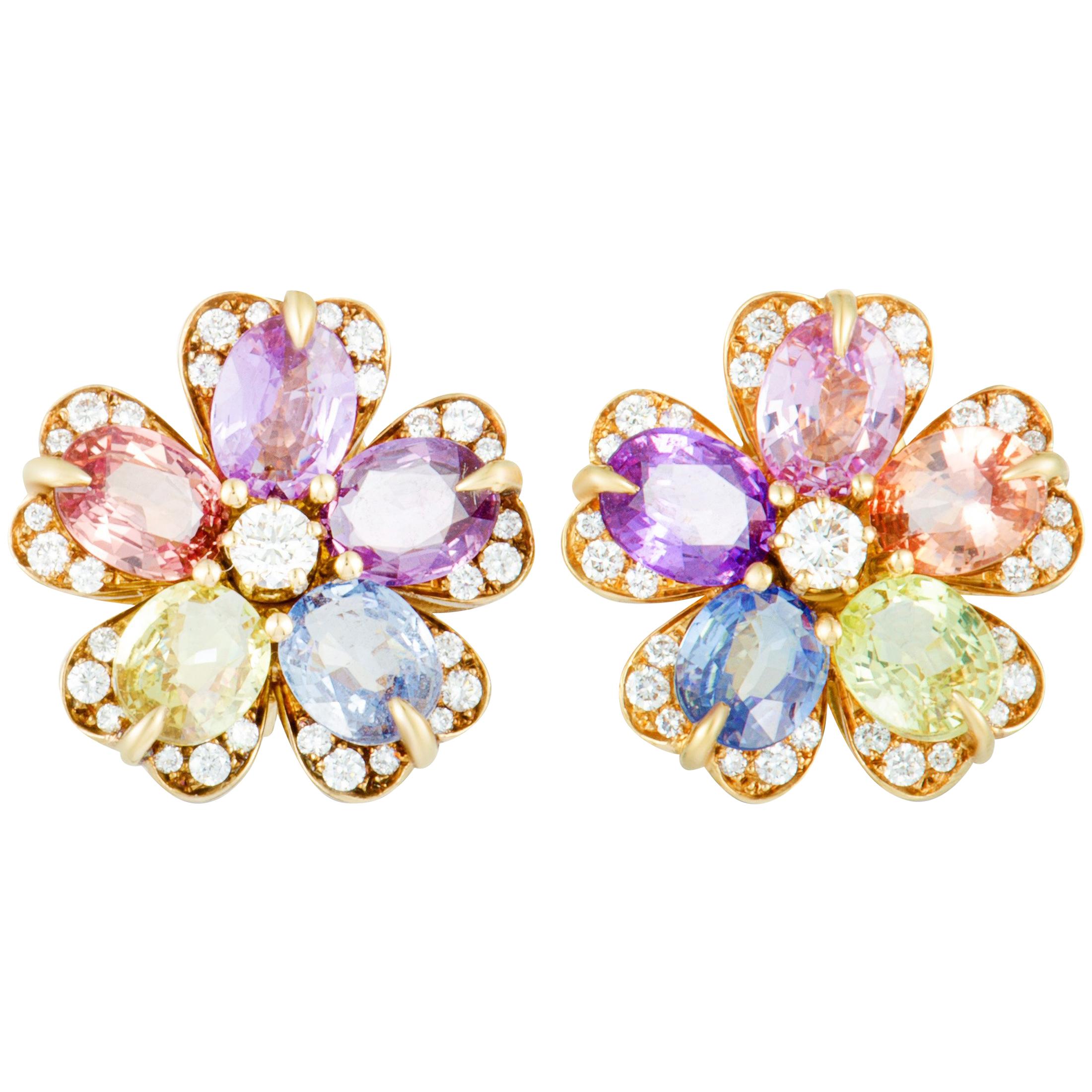 Bvlgari Diamond and Multi-Color Sapphire Yellow Gold Flower Earrings