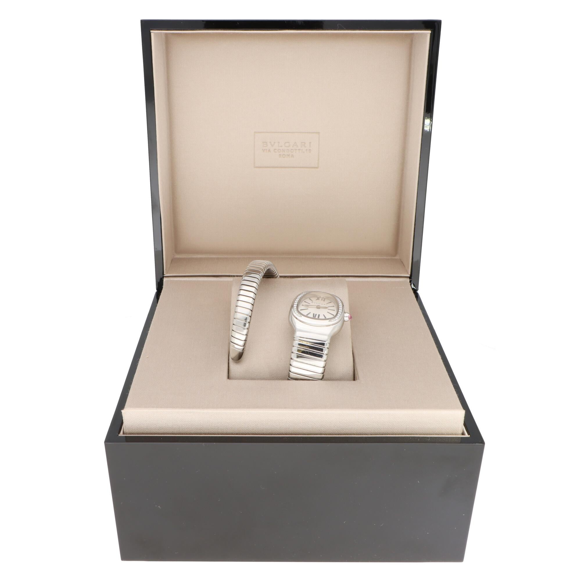 Modern Bvlgari Diamond and Pink Rubellite Serpenti Tubogas Wrist Watch Stainless Steel