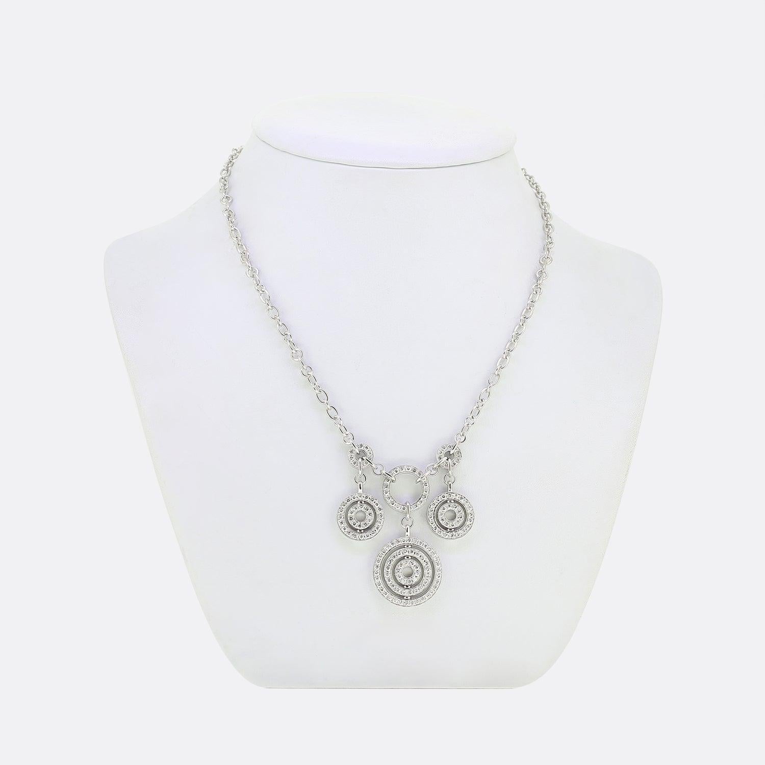 Here we have a truly wonderful diamond necklace from the luxury jewellery designer Bvlgari. The necklace forms part of the Astrale collection and features a concentric design that is pave set with round brilliant cut diamonds. 
A stunning look when