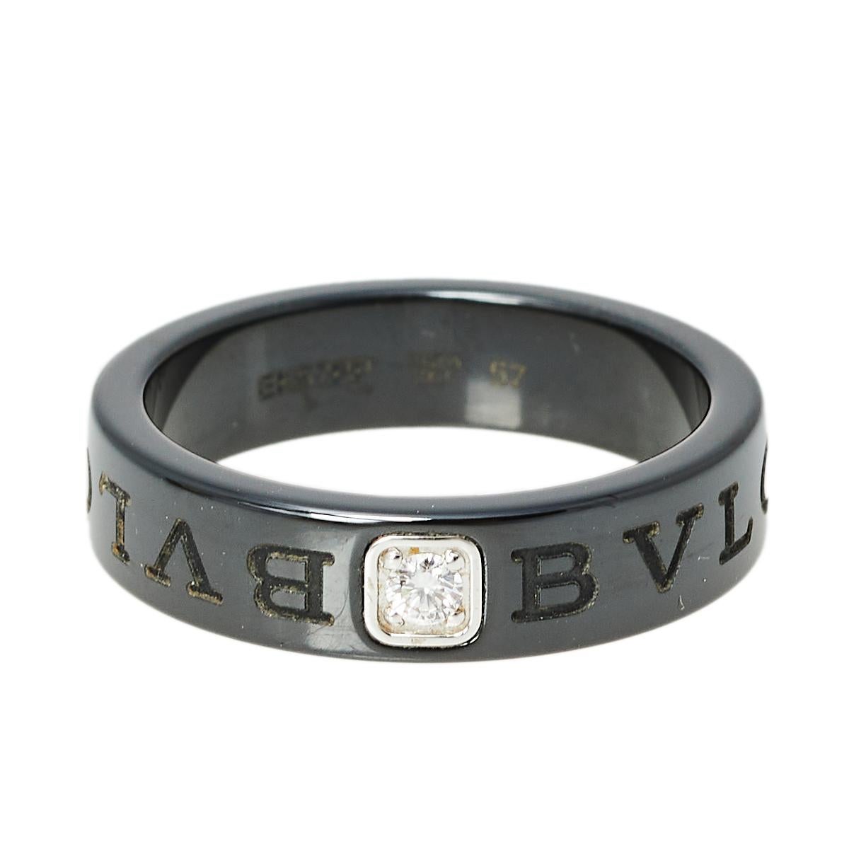 Bvlgari Diamond Black Ceramic 18K White Gold Band Ring Size 57 1