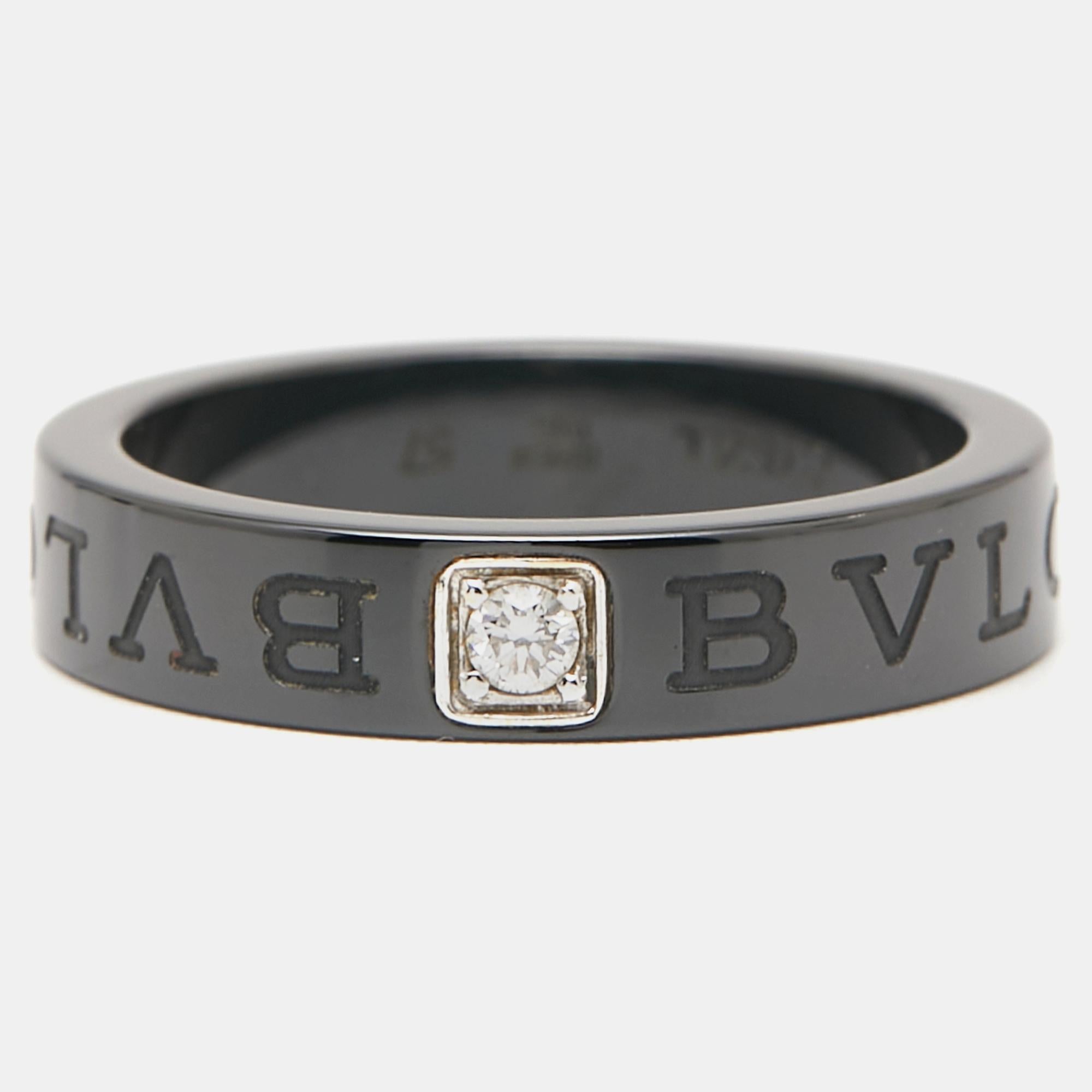 Contemporary Bvlgari Diamond Black Ceramic Band Ring Size 57