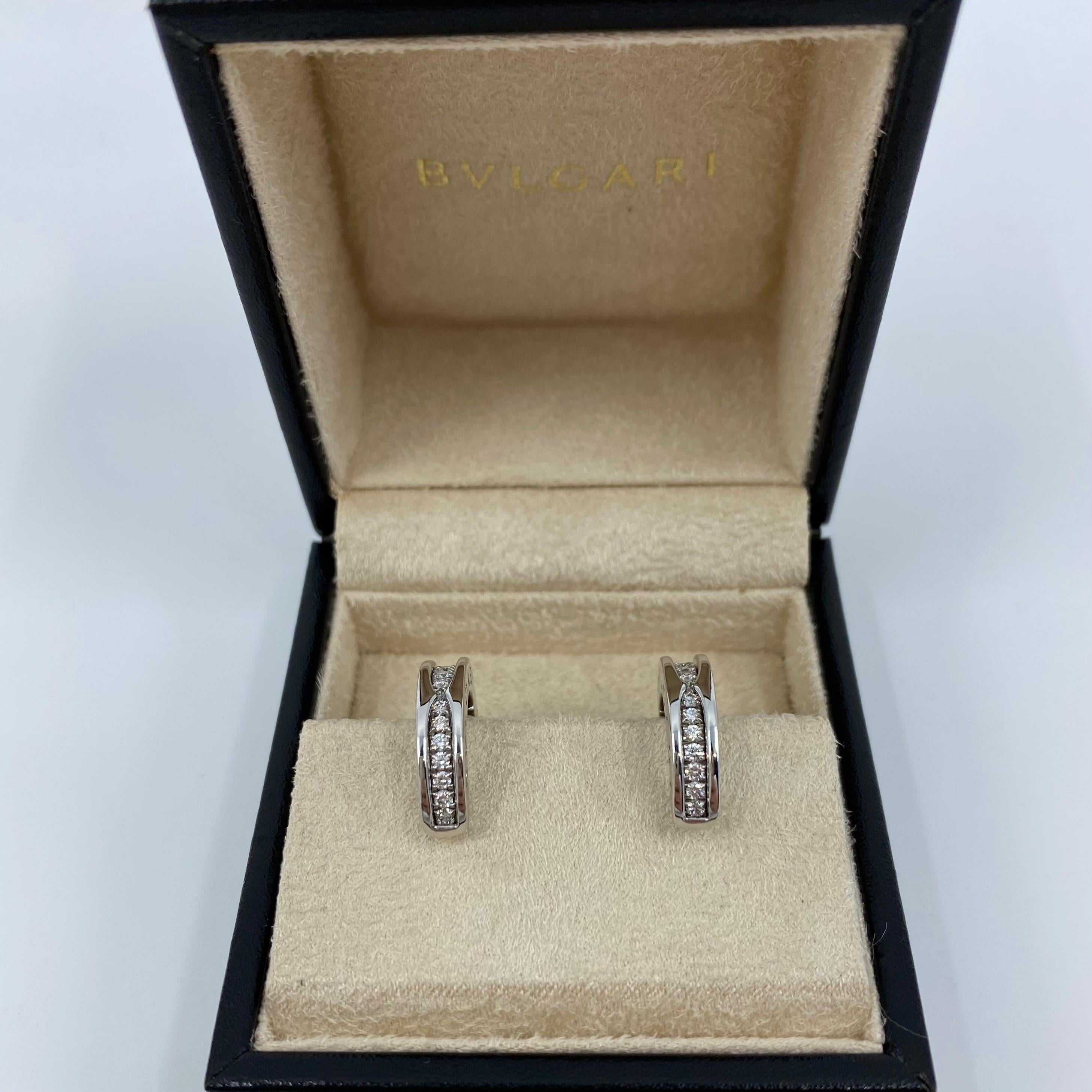 Bvlgari B.Zero1 18k White Gold Hoop Earrings.

A pair of 18k white gold diamond hoop earrings from the Bvlgari B.zero1 collection. 
These earrings are each set with a row of 13 round brilliant cut diamonds totaling 0.45ct, F-G in colour and VS2