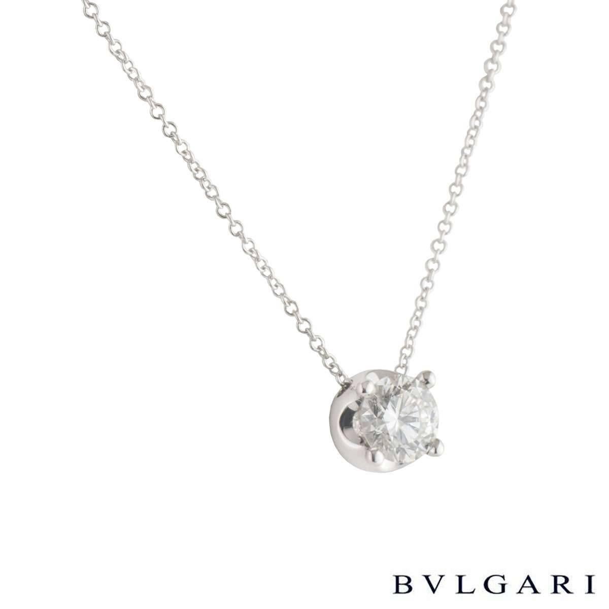 A stunning 18k white gold Bvlgari diamond necklace from the corona collection. The necklace comprises of a round brilliant cut diamond in a raised four claw setting, with a weight of 1.02ct, H colour and IF clarity. The diamond scores an excellent