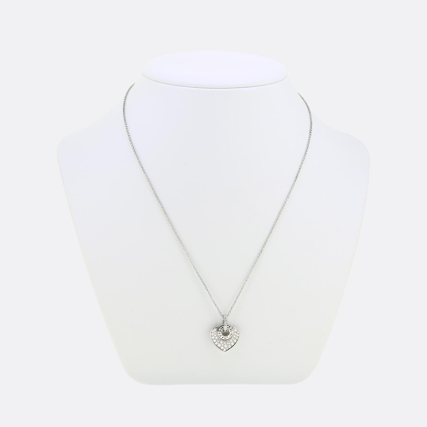 Here we have a beautiful necklace from the world renowned jewellery house of Bvlgari. This romantic pendant has been crafted from 18ct white gold into the shape of a heart and pavé set with a stunning bright white array of round brilliant cut