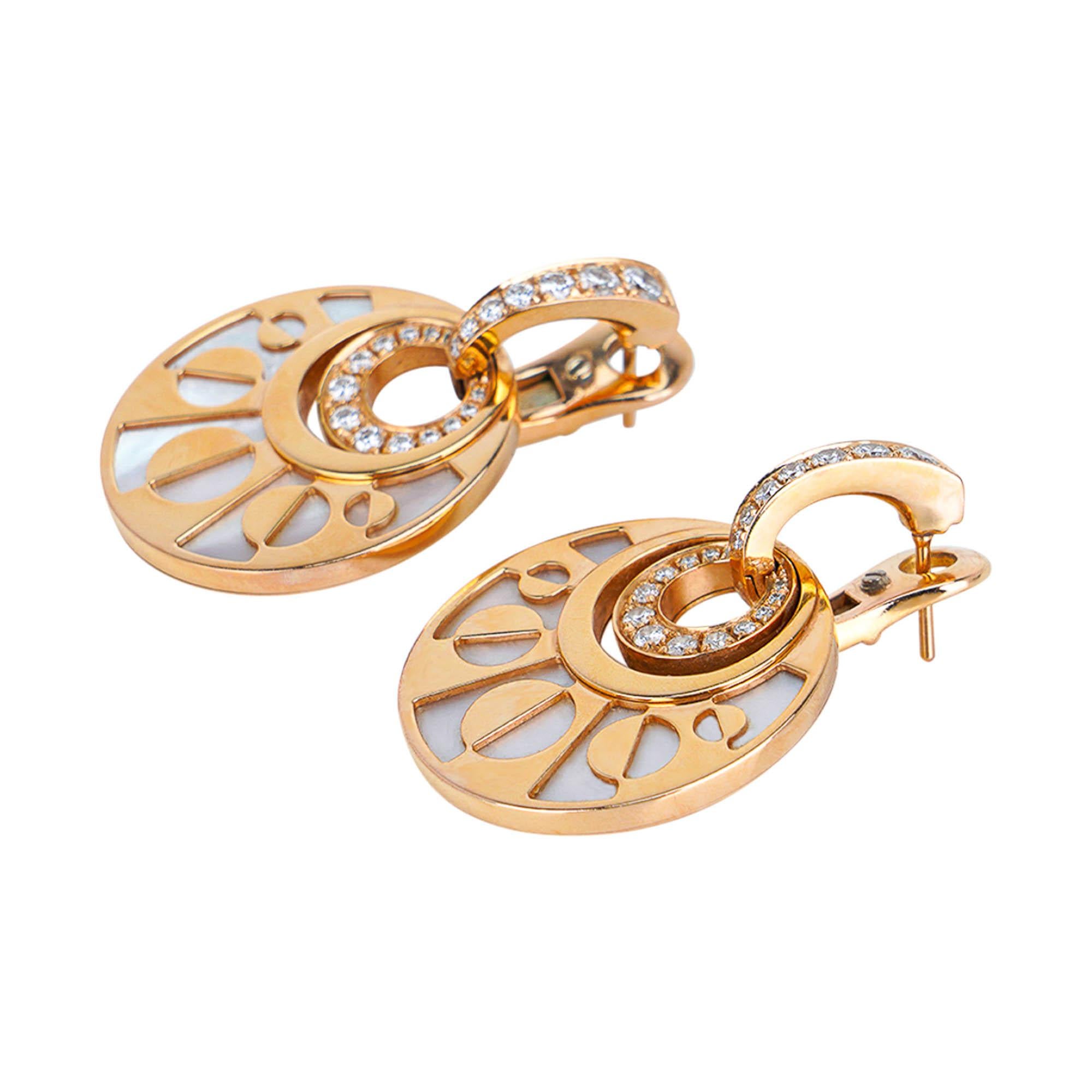Bvlgari Diamond Mother-of-Pearl Intarsio Rose Gold Pendant Earrings In Excellent Condition In Miami, FL