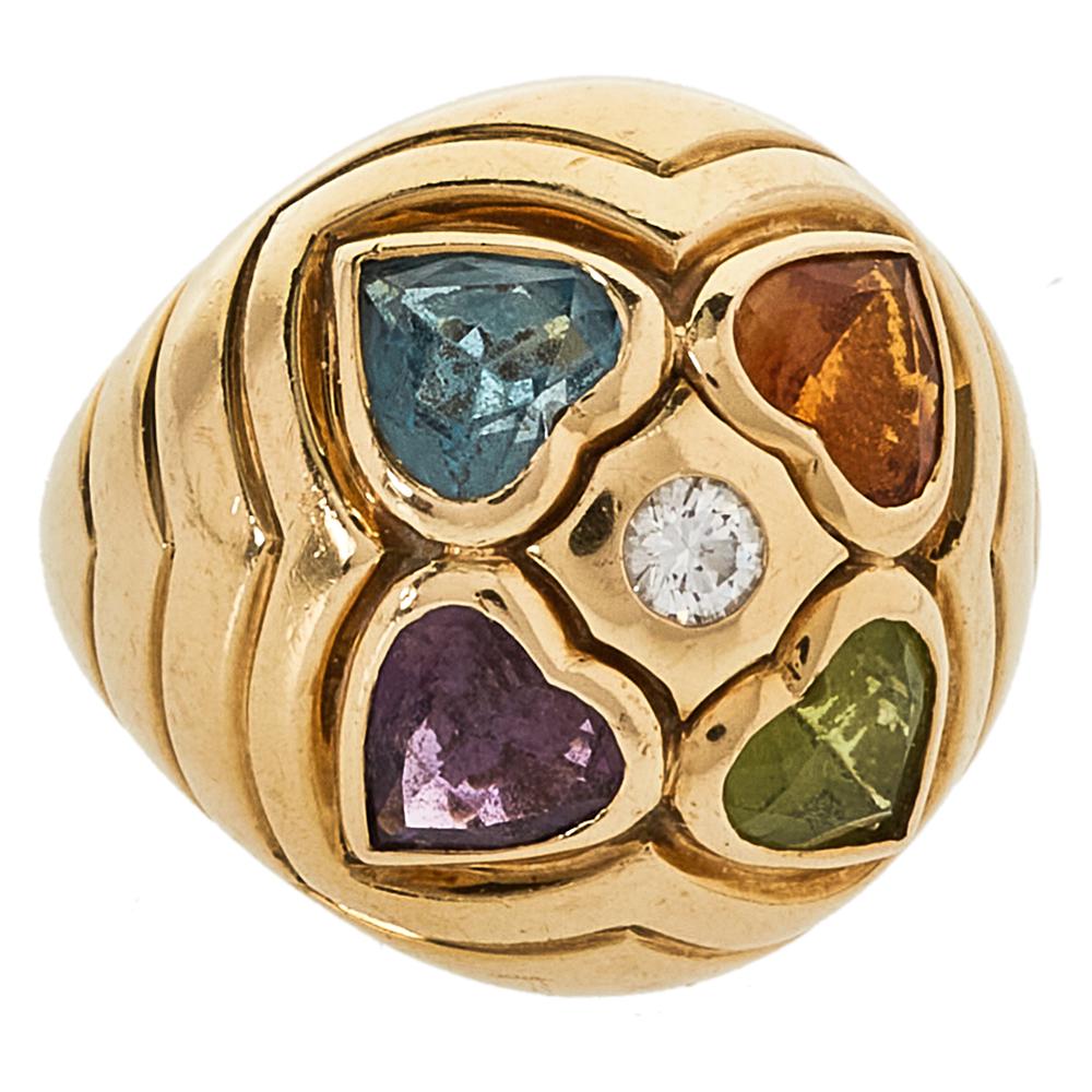 Bvlgari Diamond Multicolor Heart Shaped Gemstone 18K Yellow Gold Ring Size 52 In Fair Condition In Dubai, Al Qouz 2