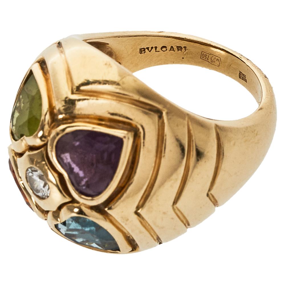 Bvlgari Diamond Multicolor Heart Shaped Gemstone 18K Yellow Gold Ring Size 52 1