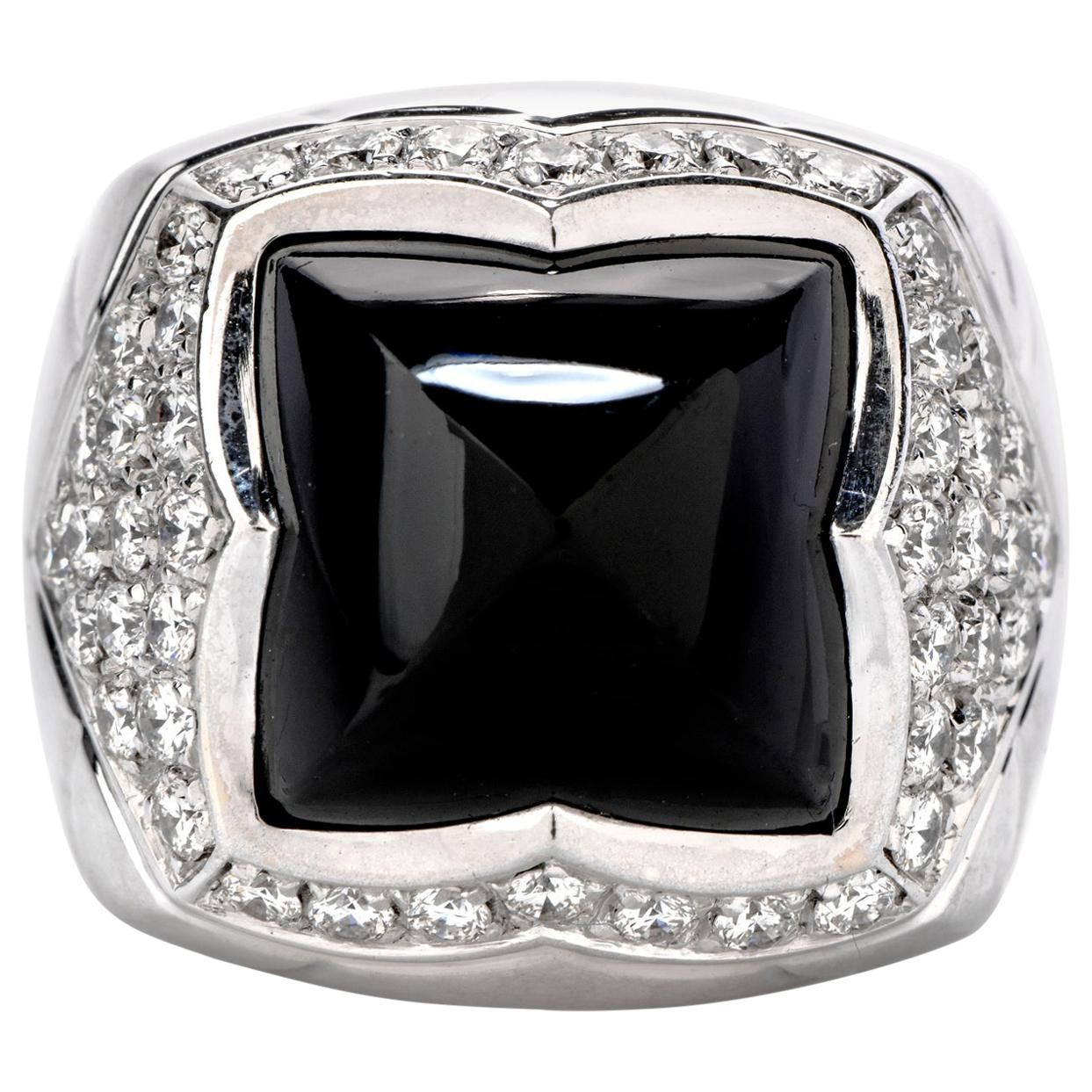 Bvlgari Diamond Onyx 18 Karat Gold Pyramid Cabochon Ring with Box