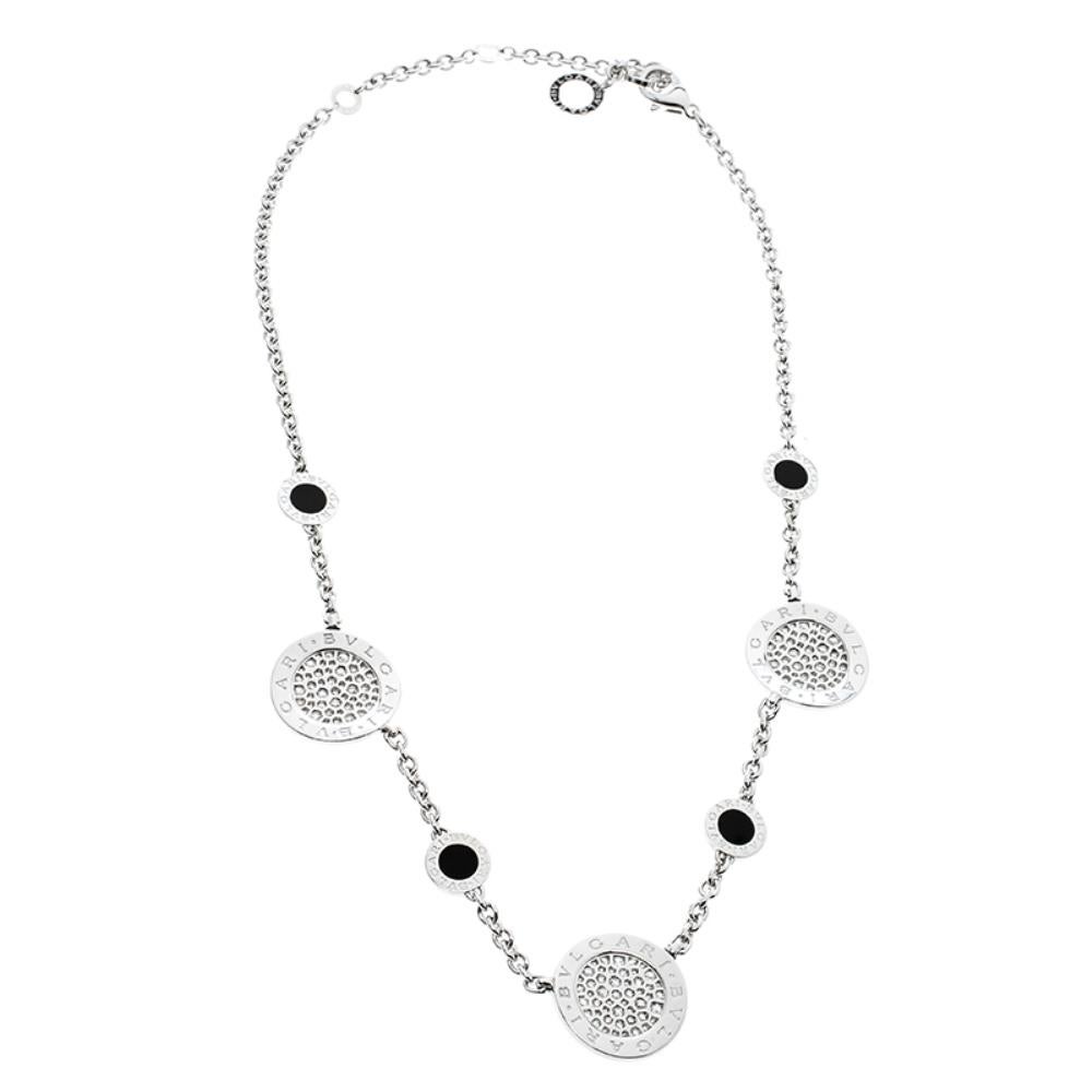 Bvlgari Diamond Onyx 18k White Gold Station Necklace In Good Condition In Dubai, Al Qouz 2