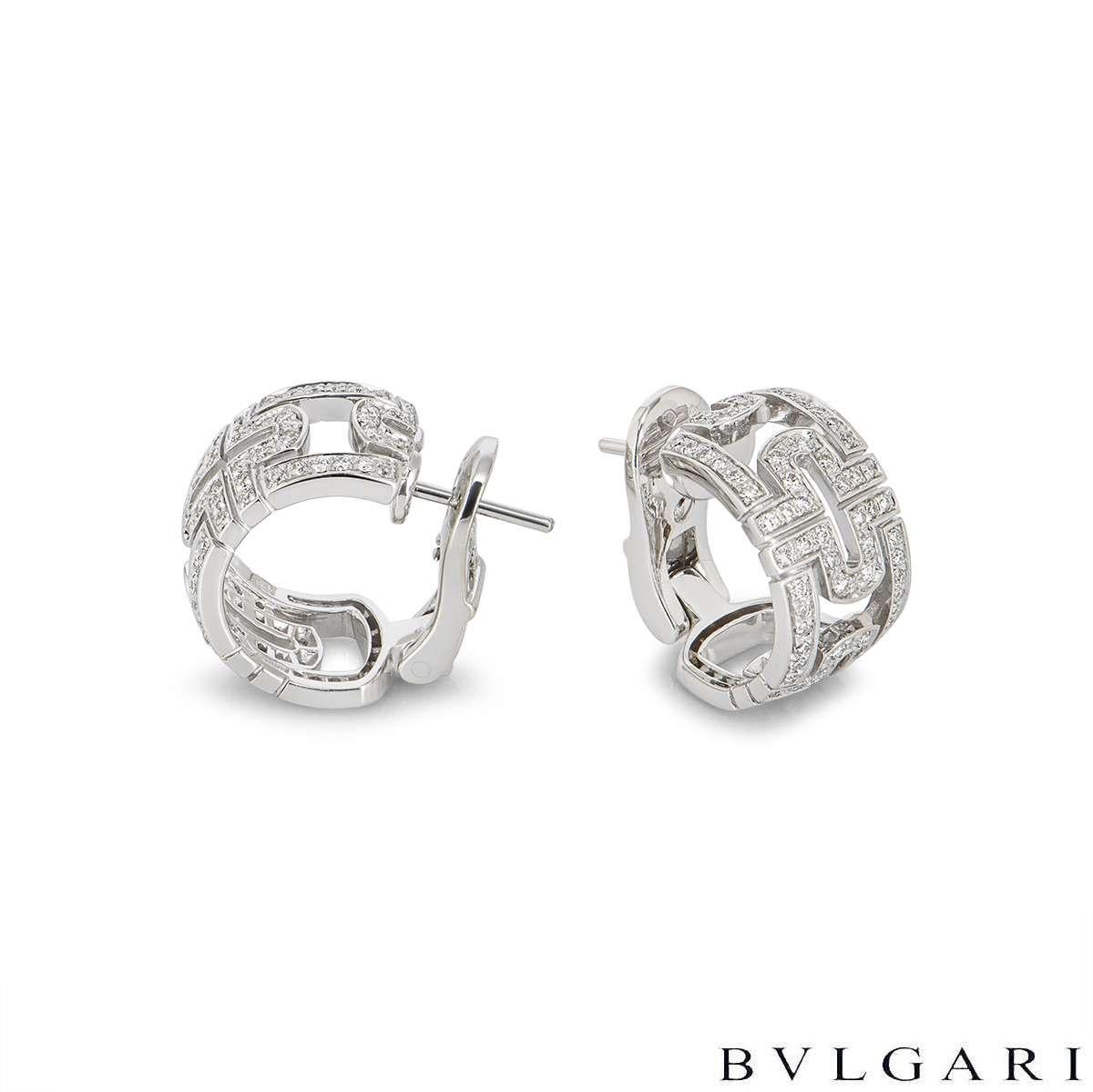 A stunning pair of 18k white gold Bvlgari earrings from the Parentesi collection. Each earring is made up of iconic parentesi motif with 81 round brilliant cut pave set diamonds, totalling approximately 0.90ct. The earrings measure 9mm in width and