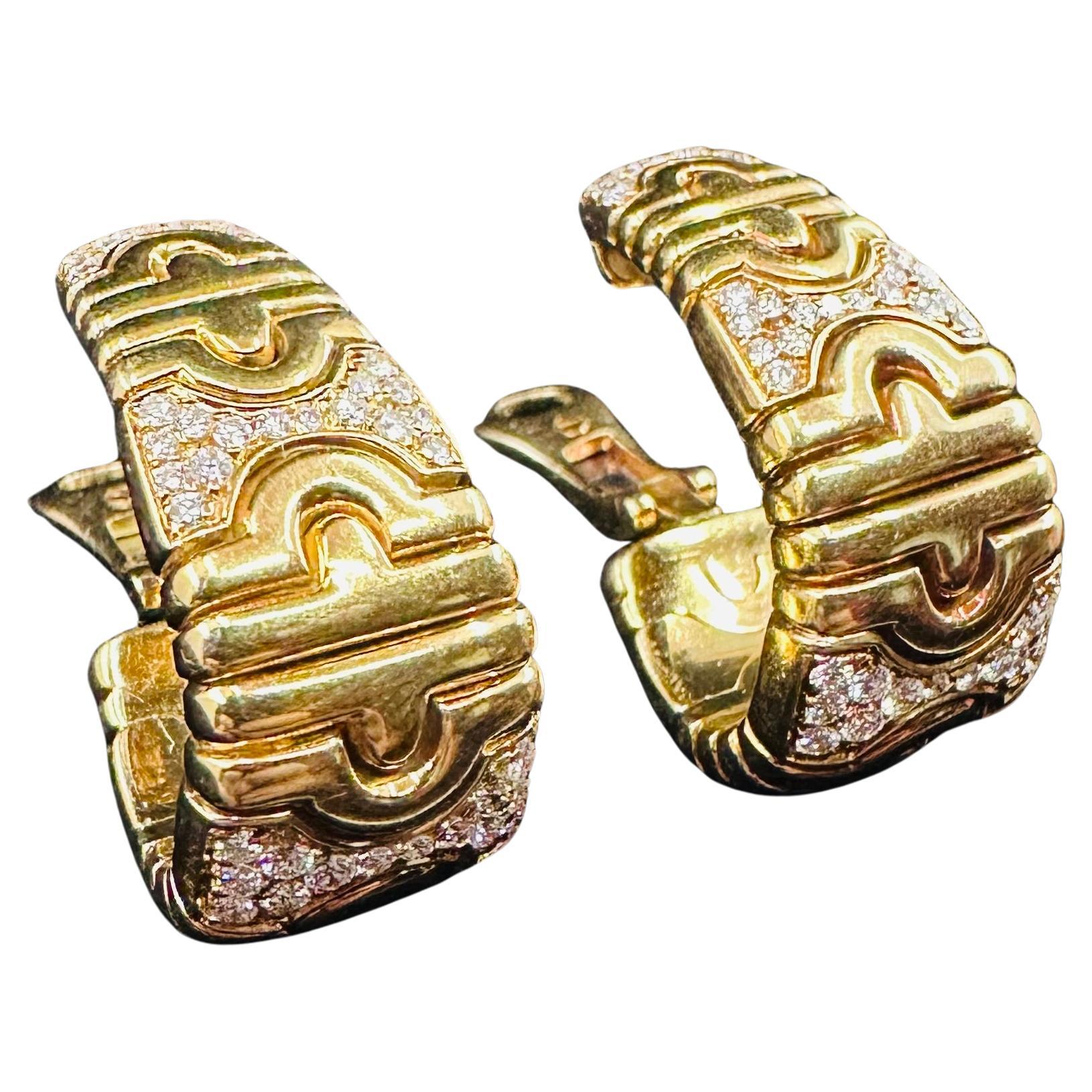 Bvlgari Diamond Parentheses Earrings Lg 18k Yellow Gold  For Sale