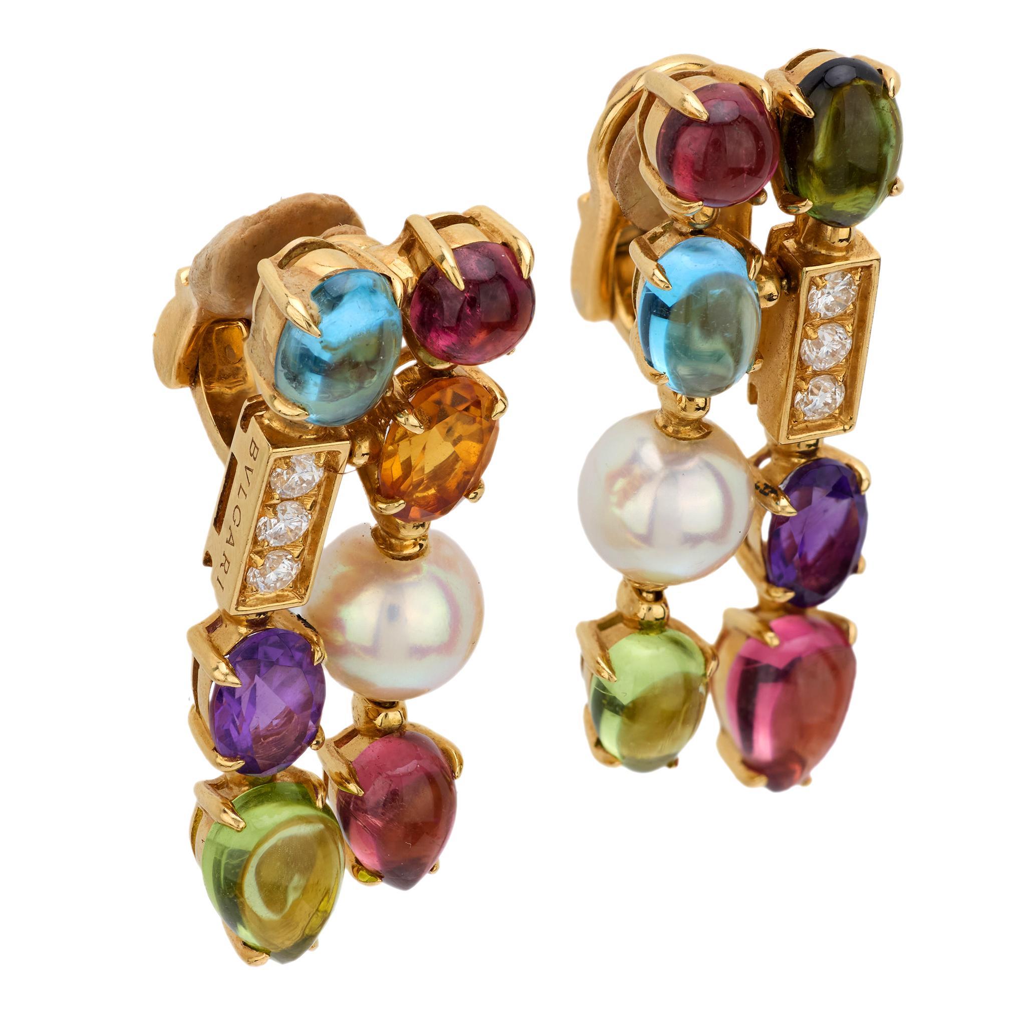 Modern Bvlgari diamond pearl gemstone 18k yellow gold Allegra earrings