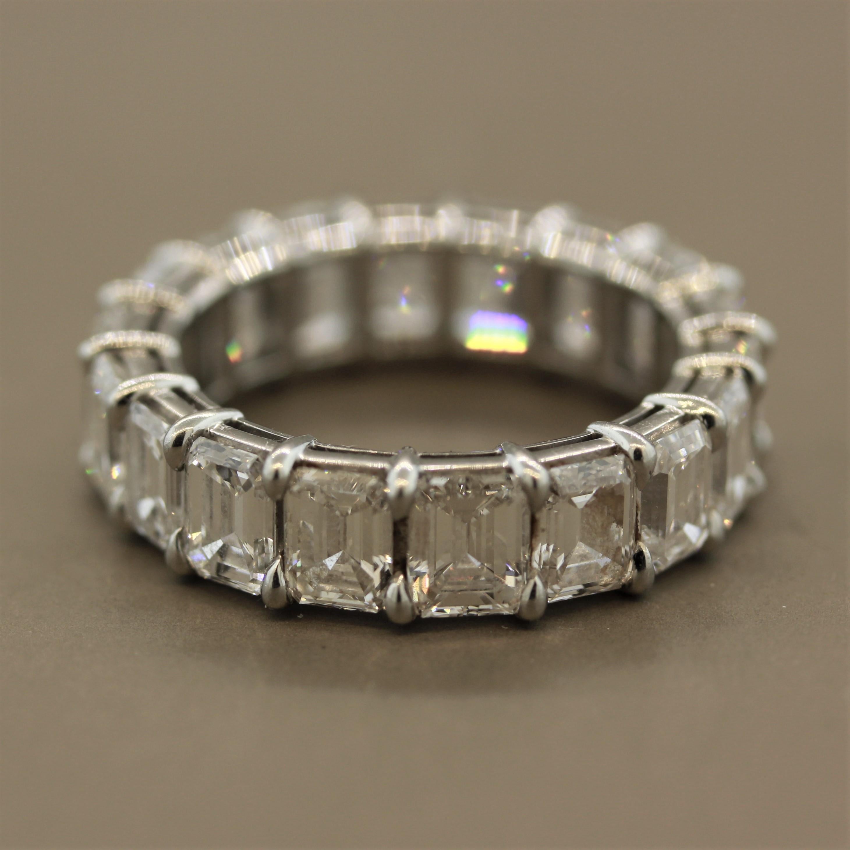 A special piece by the famed Italian jeweler Bvlgari. This eternity band features 18 emerald cut diamonds, all perfectly matching in size, shape, color and clarity, weighing a total of 9.19 carats. They all have VVS clarity and E-F color, typical