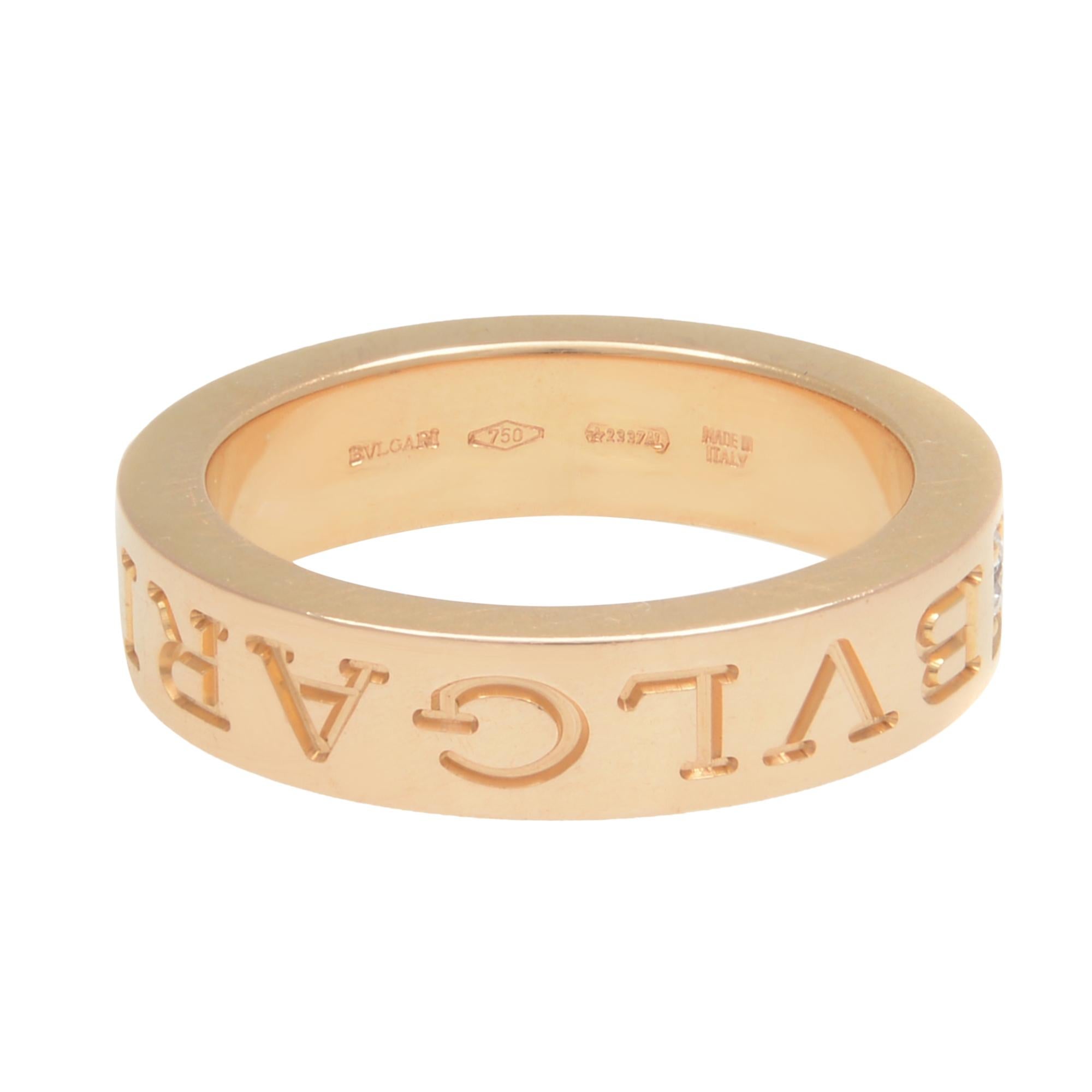 Bvlgari Bvlgari 18k rose gold ring with one diamond. Width: 4.00mm. Ring size 4.75. Looks great as a pinky ring. Diamond weight: 0.04cttw. Excellent pre-owned condition. Comes with box and papers.