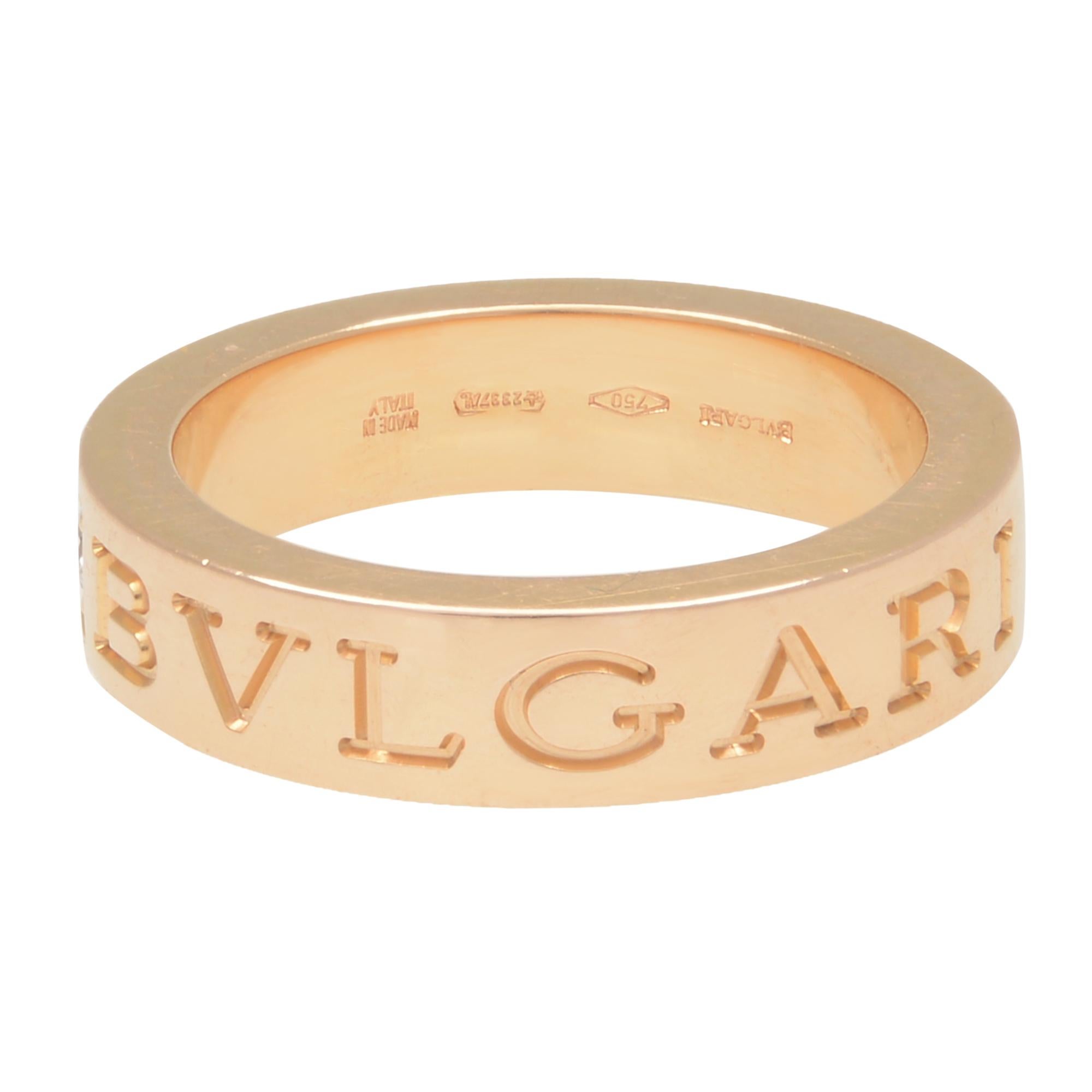 Bvlgari 18k rose gold ring with one diamond. Width: 4.00mm. Ring size 3.75. Looks great as a pinky ring. Diamond weight: 0.04cttw. Excellent pre-owned condition. Comes with box. Papers are not included. 