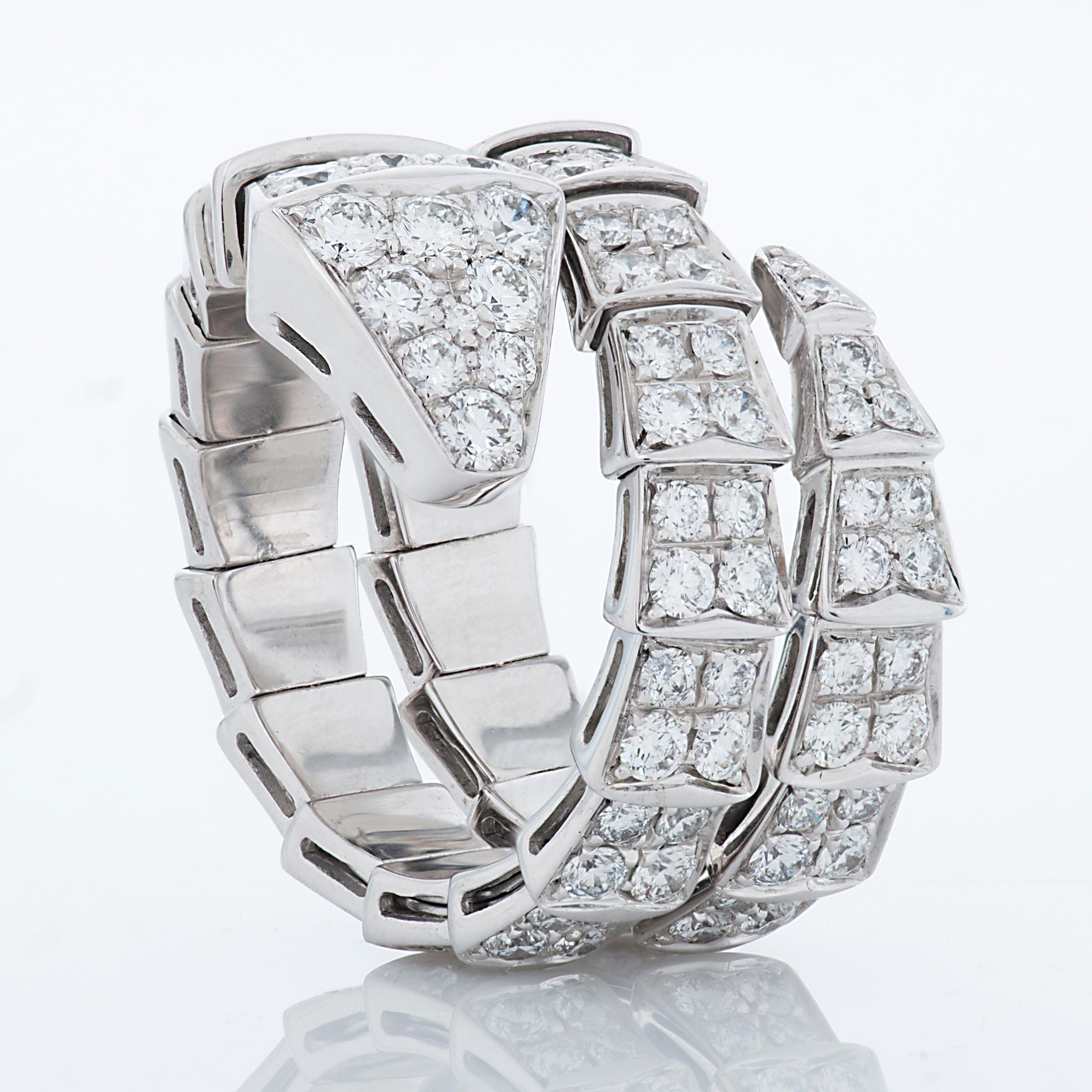 Bvlgari Serpenti double coil viper ring in 18k white gold.

This Bvlgari snake ring from the Serpenti Viper collection features approximately 2.77 carat of round brilliant cut diamonds pave set in 18k white gold. 

Size Medium, flexible.  Fits