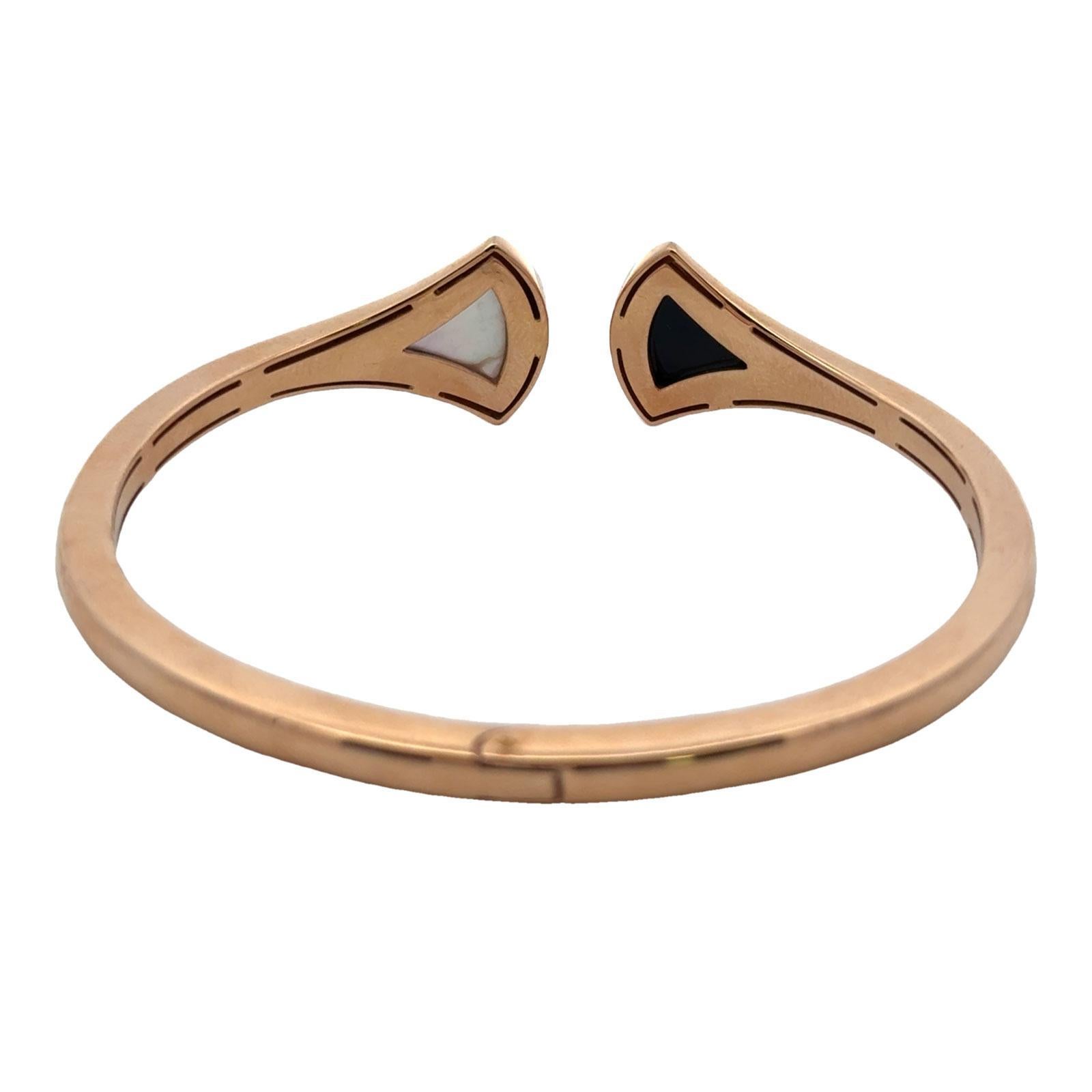 Bvlgari Diva Dream Onyx Mother Of Pearl 18 Karat Rose Gold Hinged Cuff Bracelet In Excellent Condition In Boca Raton, FL