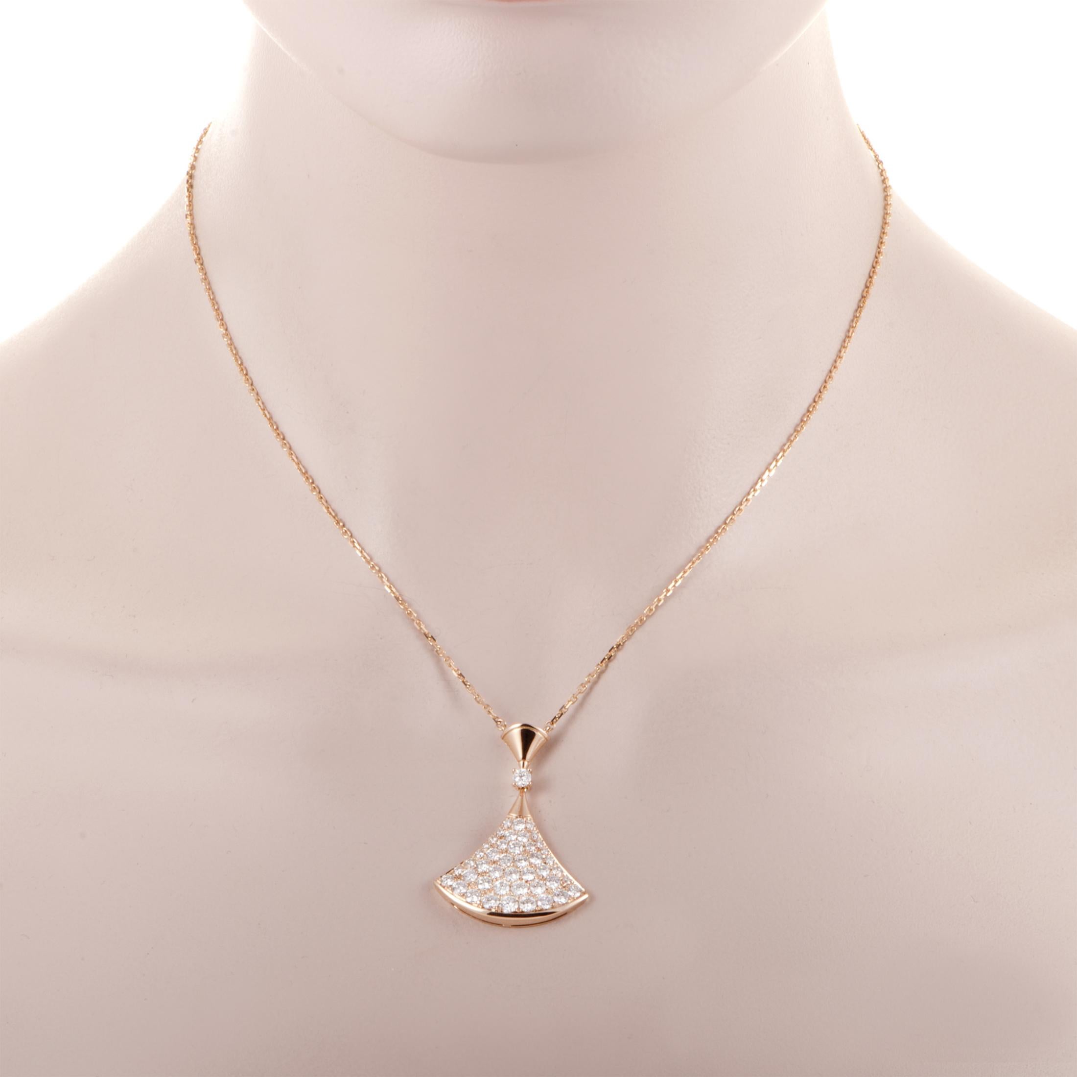 The Bvlgari “Diva's Dream” necklace is made out of 18K rose gold and diamonds that amount to 2.00 carats. The necklace weighs 9.1 grams, boasting an 18.00” chain with lobster claw closure and a pendant that measures 1.50” in length and 1.00” in