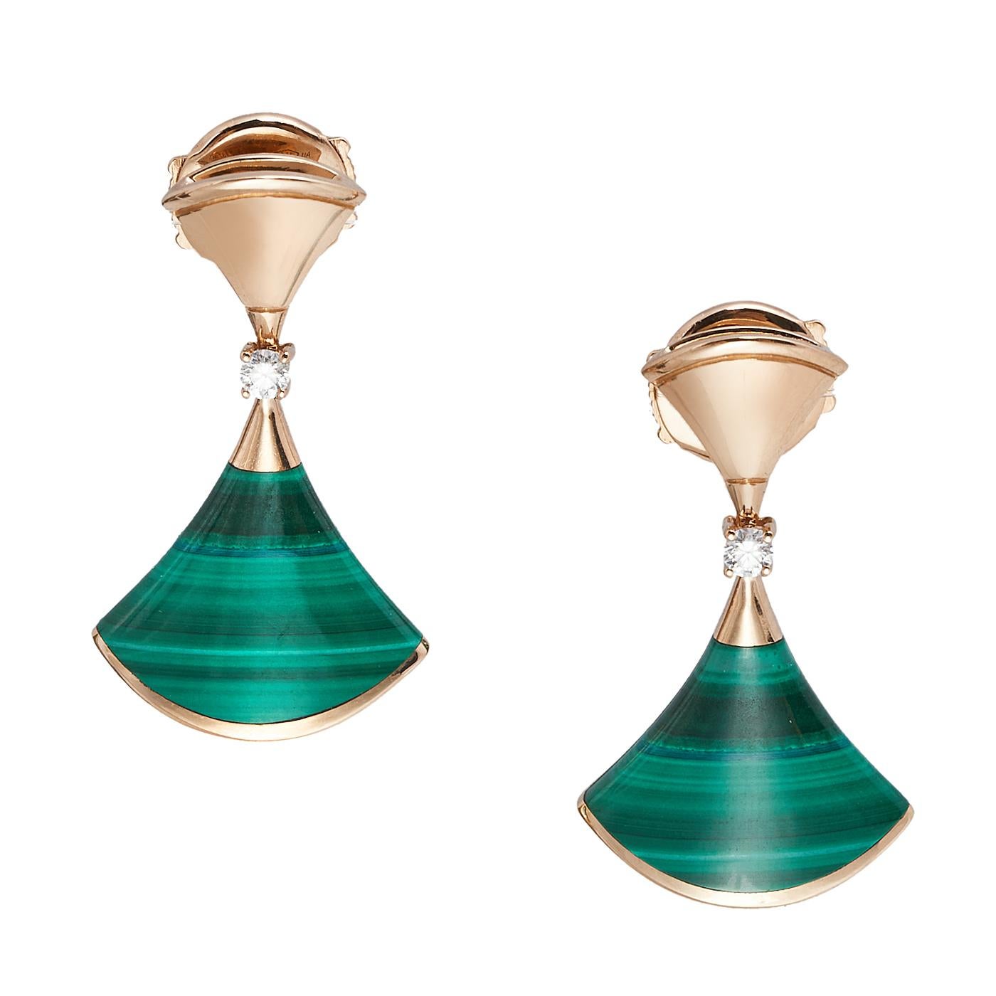 The grandeur of Italian beauty is reflected in these earrings from Bvlgari's Divas' Dream collection. The line is inspired by the fan-shaped mosaics of the Caracalla Baths in Rome, a detail the brand has interpreted with mastery. The earrings are