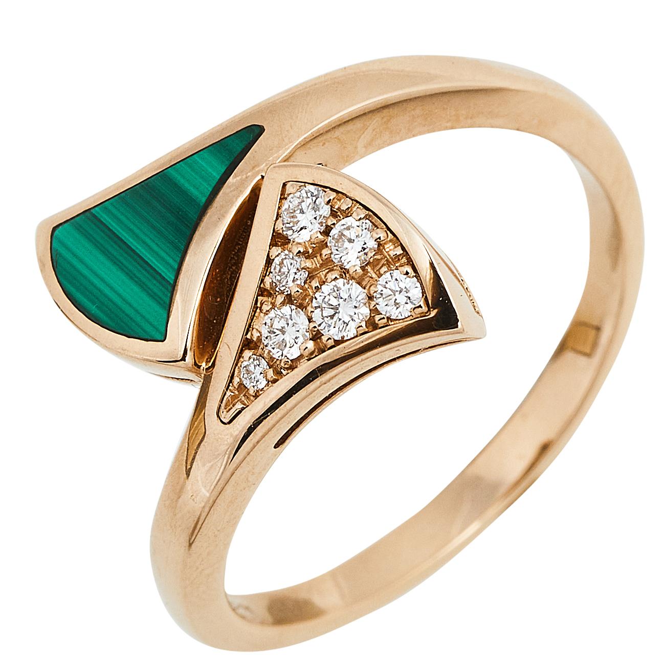 Contemporary Bvlgari Divas' Dream Malachite Diamond 18K Rose Gold Ring Size 53