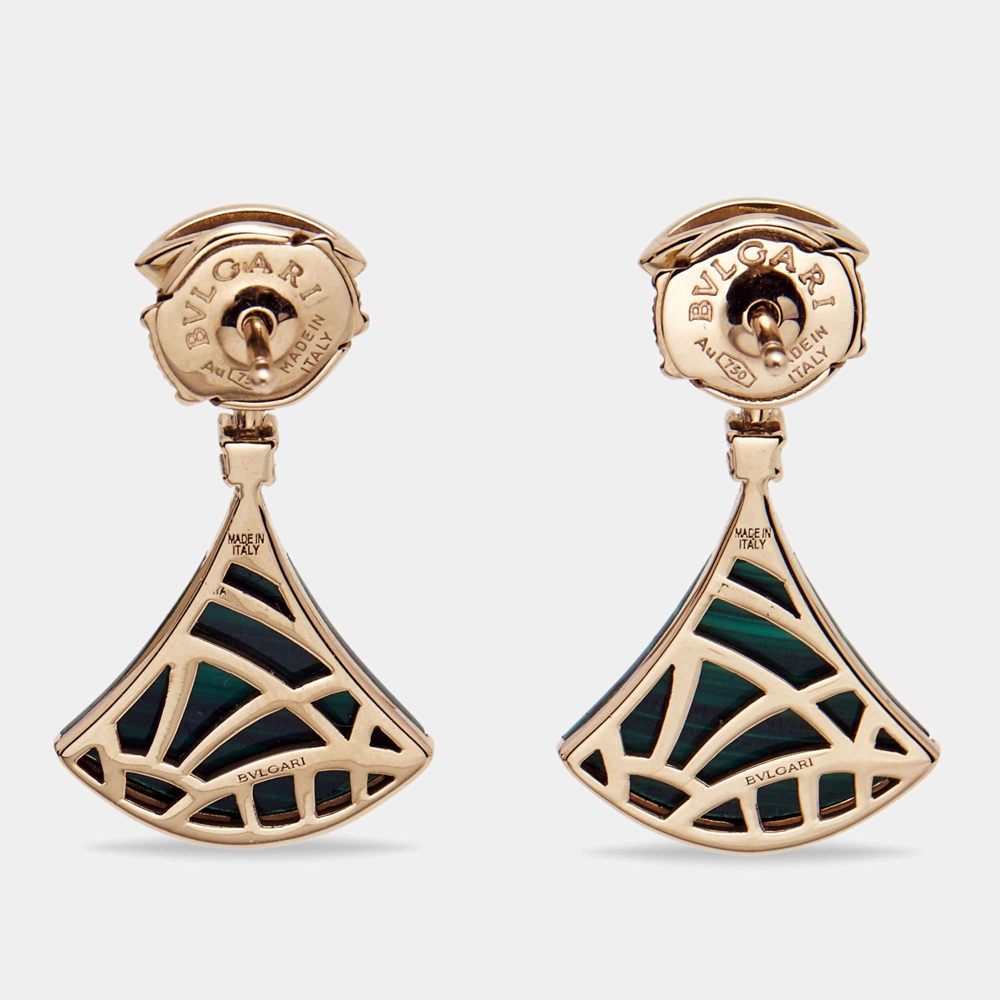 Rose Cut Bvlgari Divas' Dream Malachite Diamonds 18k Rose Gold Earrings