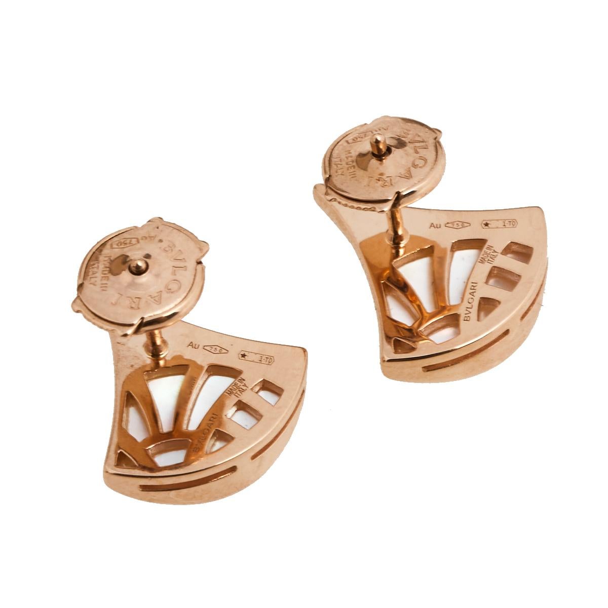 The grandeur of Italian beauty is reflected in these earrings from Bvlgari's Divas' Dream collection. The line is inspired by the fan-shaped mosaics of the Caracalla Baths in Rome, a detail the brand has interpreted with mastery. The earrings are