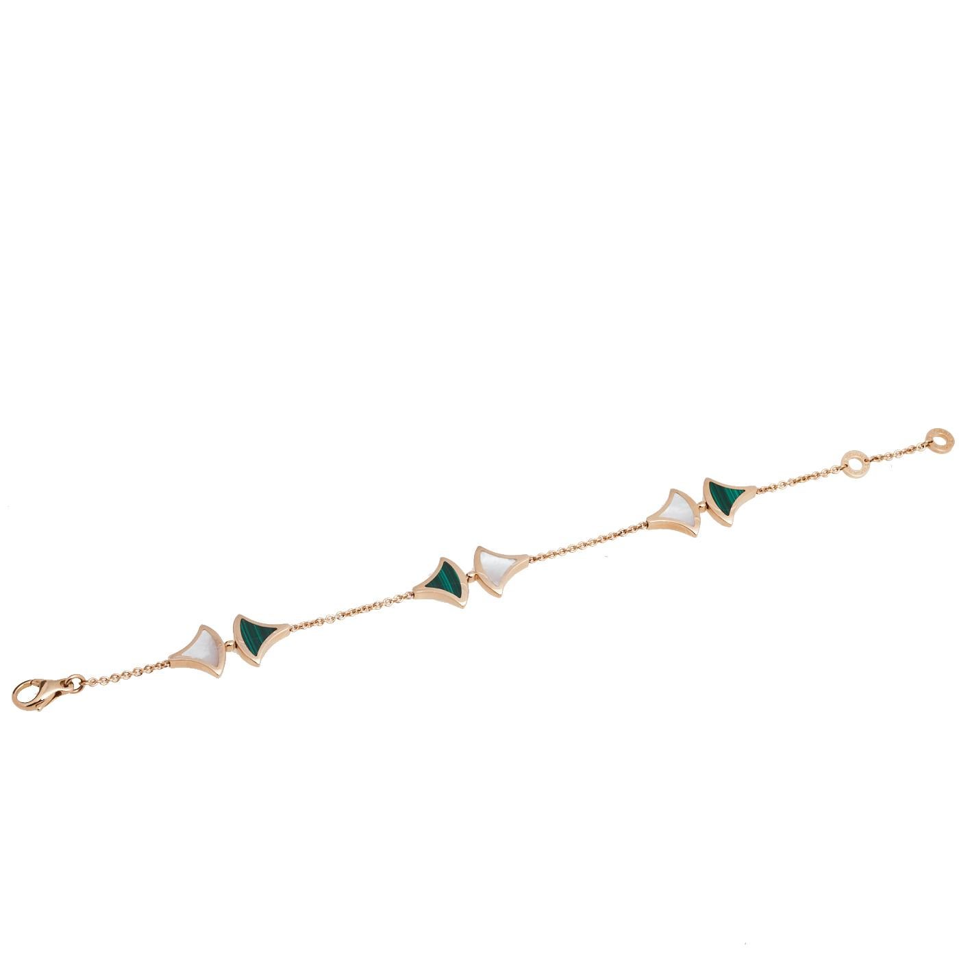 The grandeur of Italian beauty is reflected in this bracelet from Bvlgari's Divas' Dream collection. The line is inspired by the fan-shaped mosaics of the Caracalla Baths in Rome, a detail the brand has interpreted with mastery. The 18k rose gold