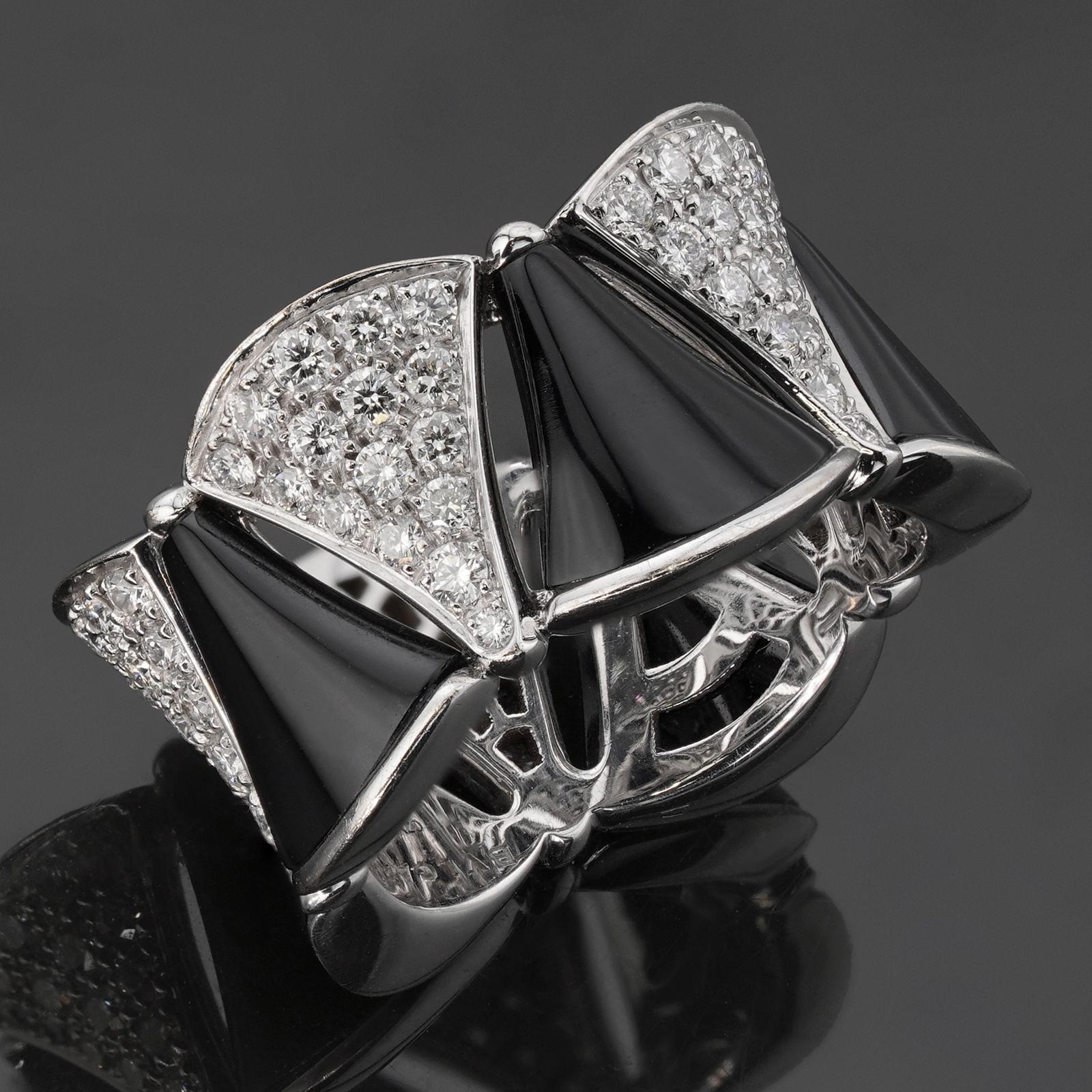 This gorgeous Bvlgari ring is crafted in 18k whiet gold and set with black onyx and brilliant-cut round F-E-G VVS1-VVS2 diamonds weighing an estimated 1.20 carats. Made in Italy circa 2010s. The Divas' Dream collection is inspired by Roman glamour