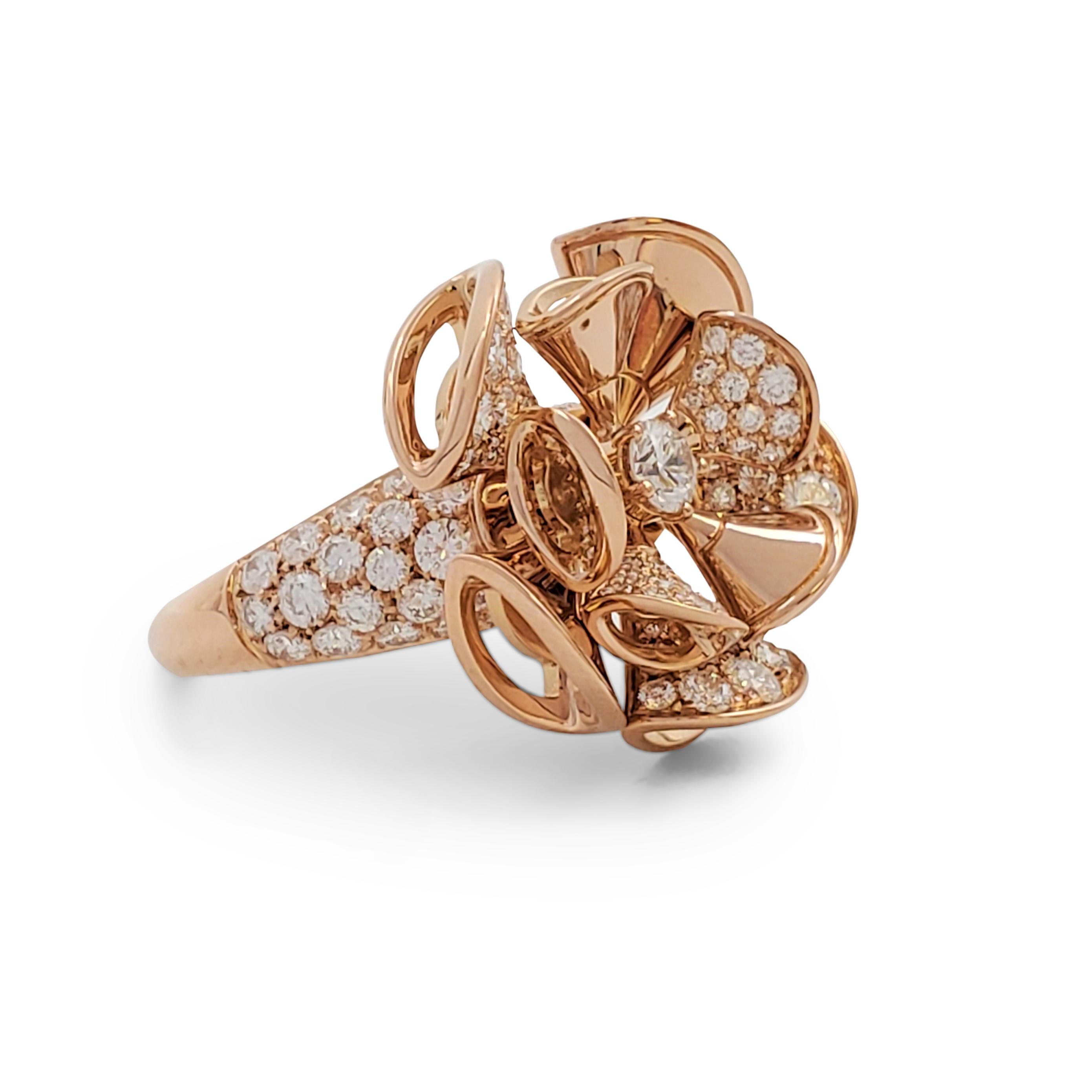 Authentic glamorous Bvlgari ring from the 'Divas' Dream' collection centers on overlapping dancing fan-shaped elements crafted in 18 karat rose gold and set with an estimated 3.00 carats of high-quality round brilliant cut diamonds (E-F, VS). Signed