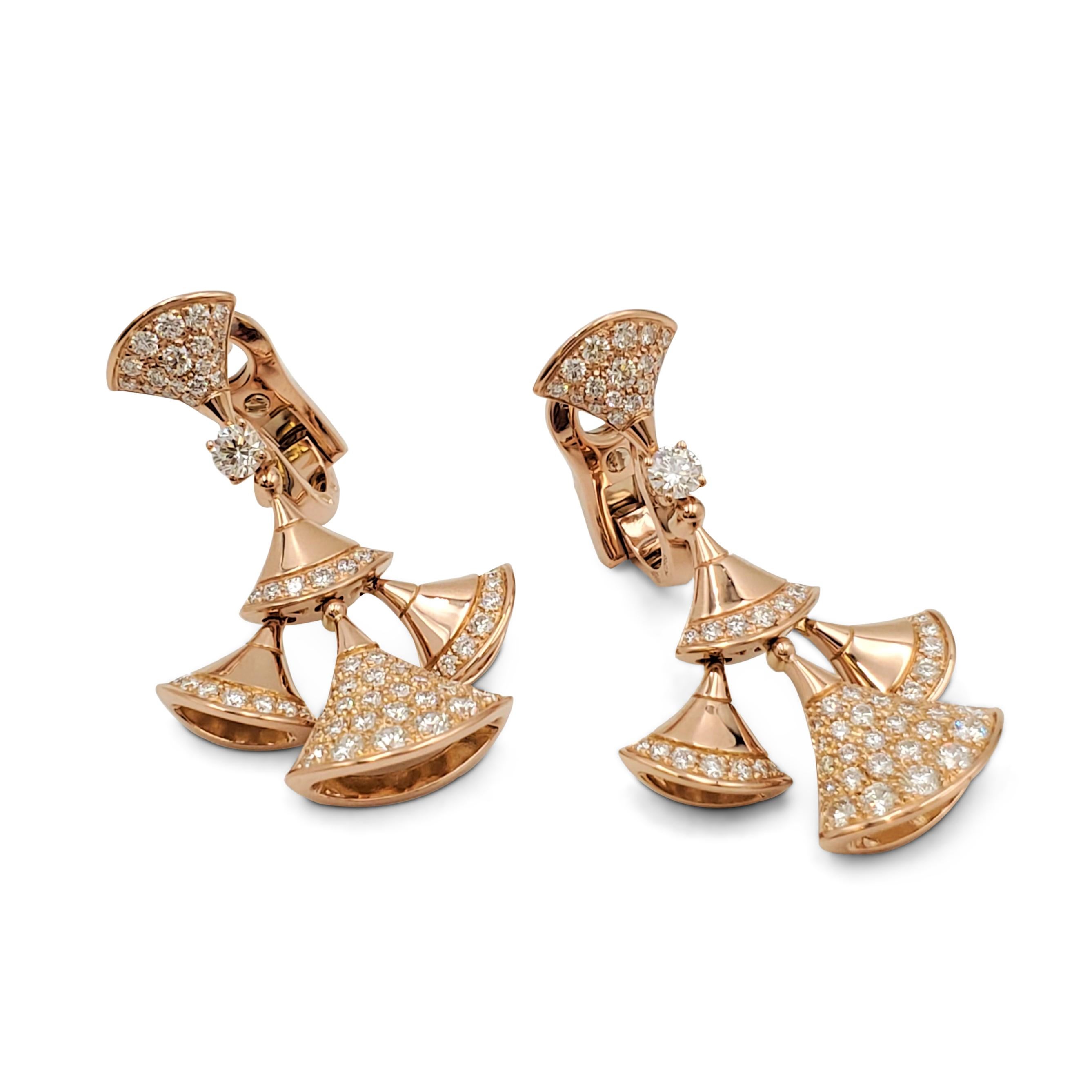 Authentic glamourous Bvlgari earrings from the 'Divas' Dream' collection center on dancing fan-shaped elements crafted in 18 karat rose gold and set with an estimated 3.45 carats of high-quality round brilliant cut diamonds (E-F, VS). Signed