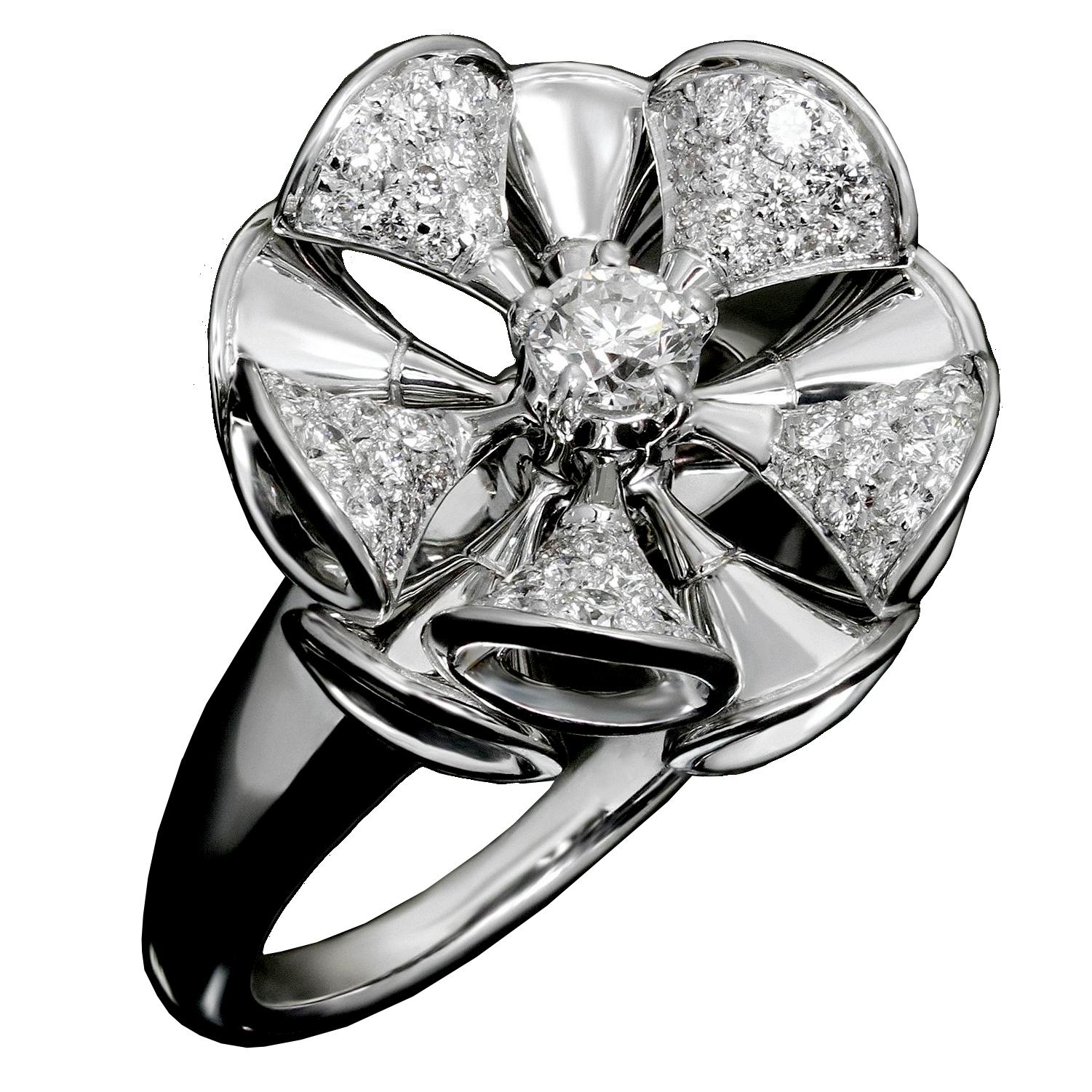 A magnificent Bvlgari diamond cocktail ring from the Divas Dream collection inspired by feminine elegance. Designed after the Baths of Caracalla's marble and the curves of fan shaped motifs in 18k white gold. The ring has a total weight of 1.05ct,