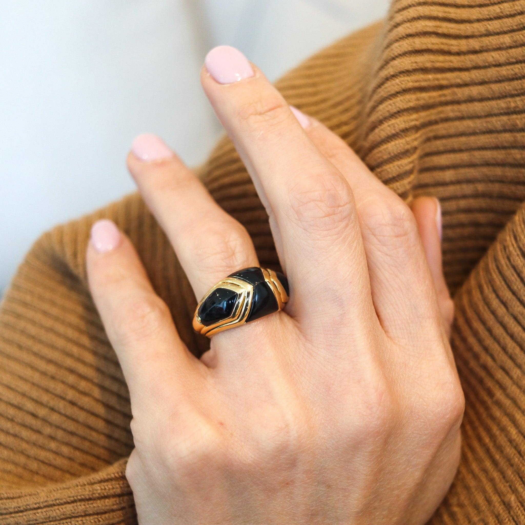 Modernist BVLGARI Domed Cocktail Band Ring In 18Kt Yellow Gold With Black Onyxes