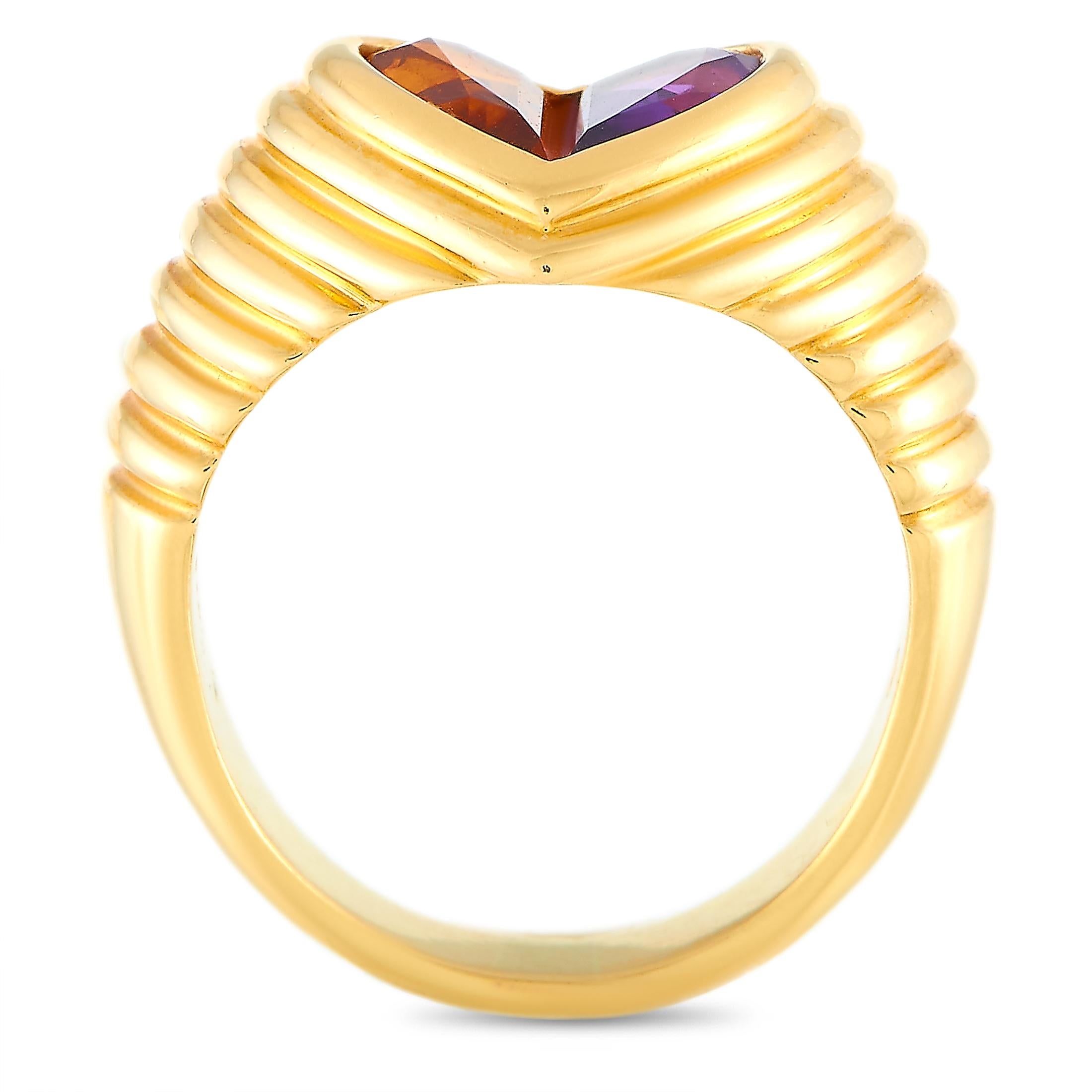 The Bvlgari “Doppio” ring is crafted from 18K yellow gold and set with an amethyst and a citrine. The ring weighs 11.4 grams and boasts band thickness of 6 mm and top height of 5 mm, while top dimensions measure 21 by 12 mm.
 
 This item is