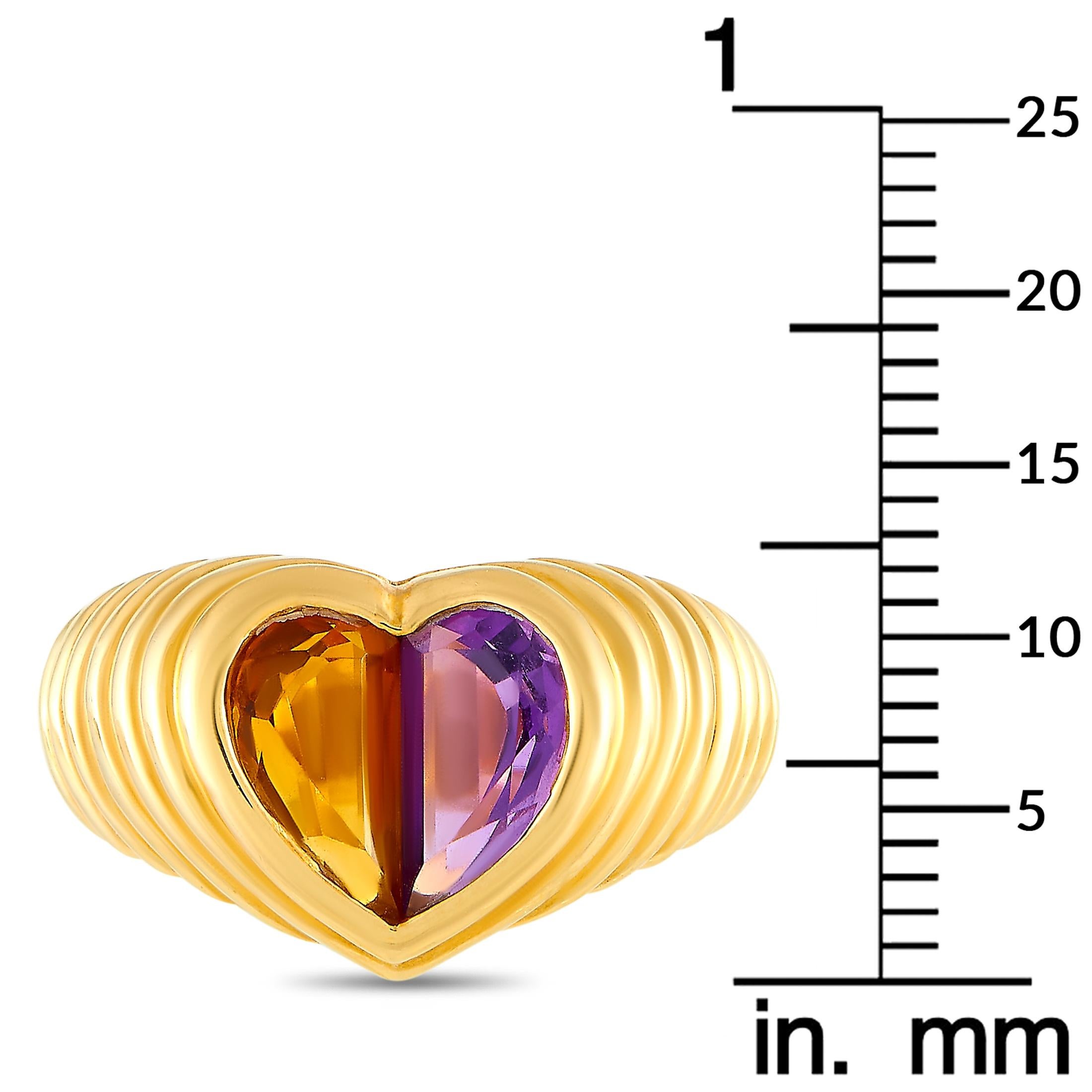 Mixed Cut Bvlgari Doppio 18 Karat Yellow Gold Amethyst and Citrine Heart Ring