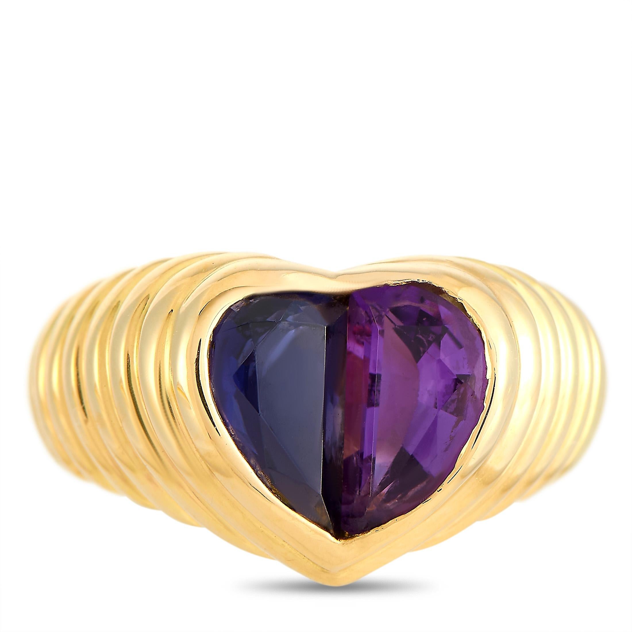 Bvlgari Doppio 18 Karat Yellow Gold Amethyst and Iolite Heart Ring In Excellent Condition In Southampton, PA