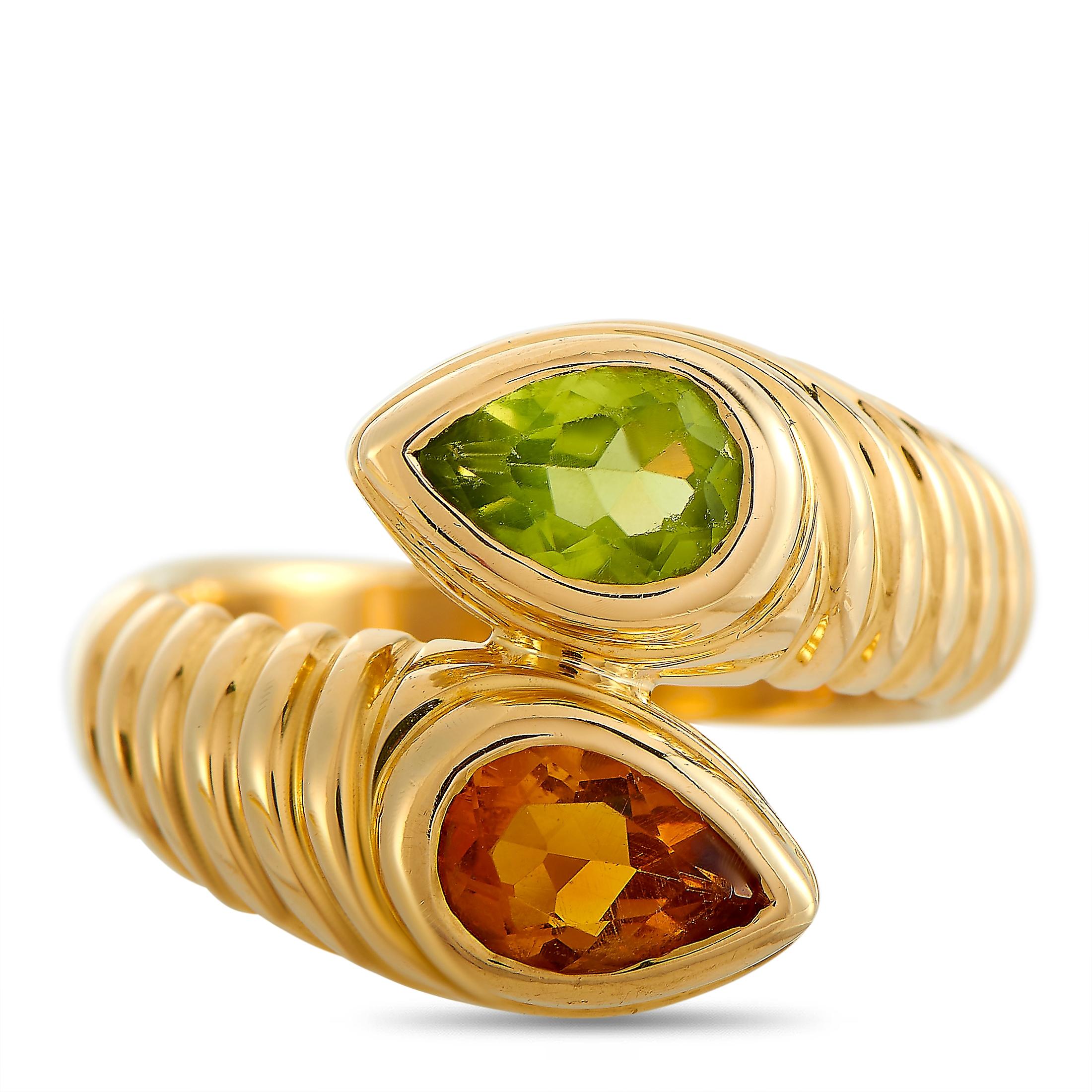 Bvlgari Doppio 18 Karat Yellow Gold Citrine and Peridot Bypass Ring In Excellent Condition In Southampton, PA