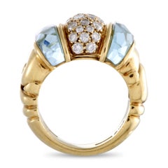 Bvlgari Doppio 18 Karat Yellow Gold Diamond Pave and Aquamarine Bombe Ring