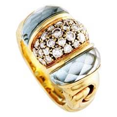 Bvlgari Doppio 18 Karat Yellow Gold Diamond Pave and Aquamarine Bombe Ring