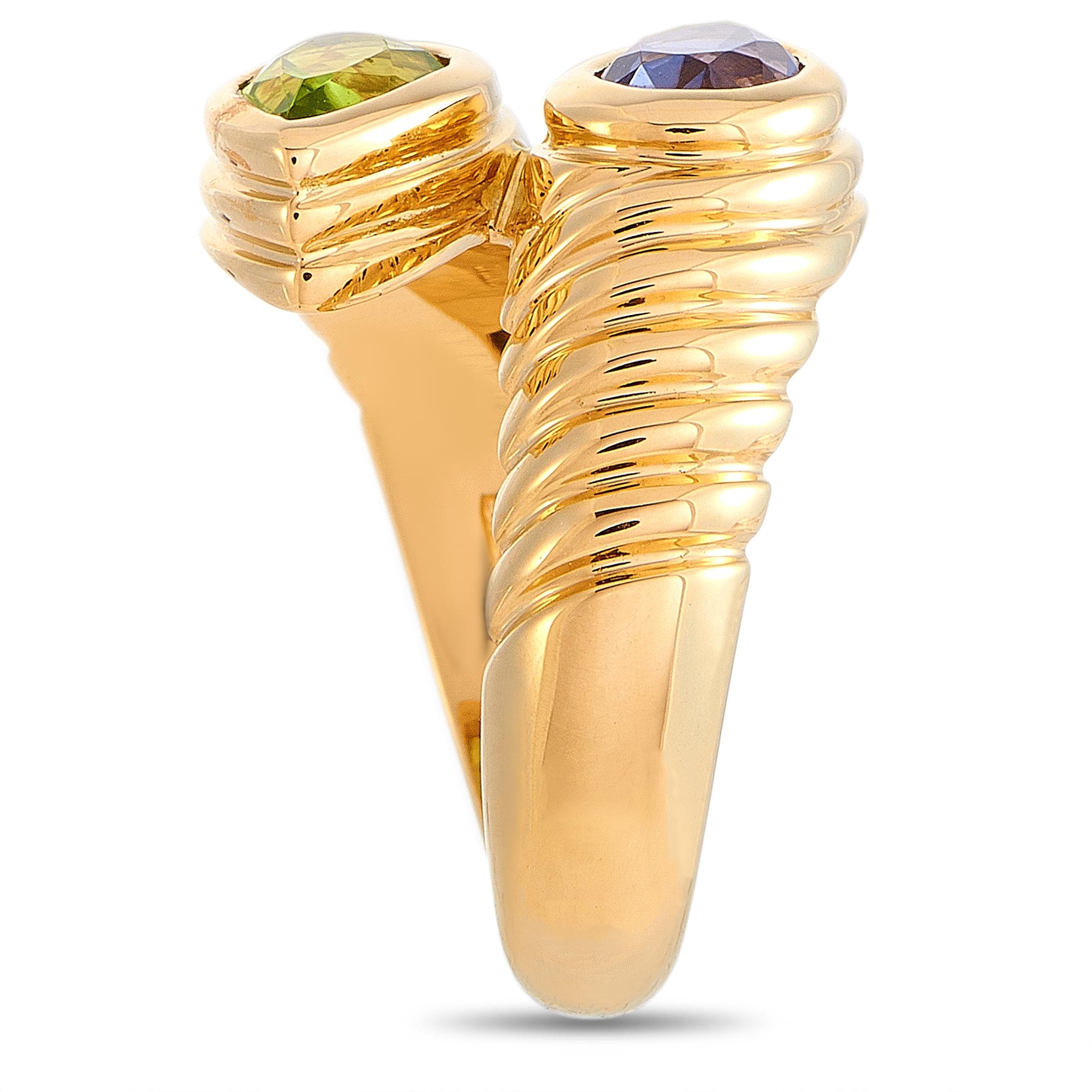 Bvlgari Doppio 18 Karat Yellow Gold Iolite and Peridot Bypass Ring In Excellent Condition In Southampton, PA