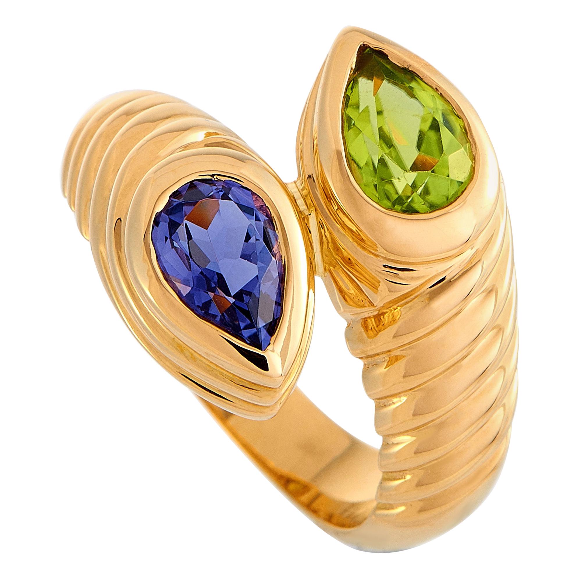 Bvlgari Doppio 18 Karat Yellow Gold Iolite and Peridot Bypass Ring