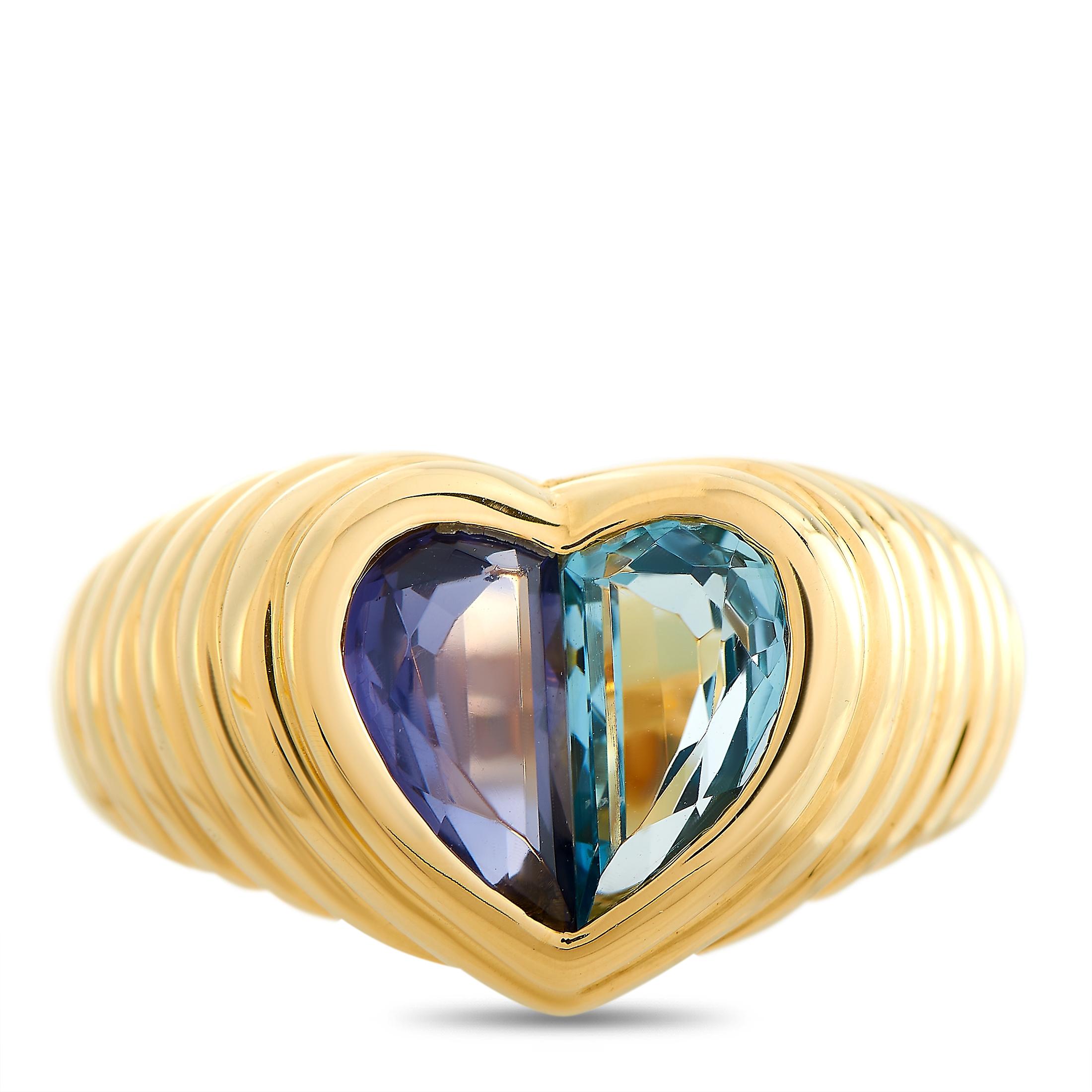Bvlgari Doppio 18 Karat Yellow Gold Topaz and Iolite Heart Shape Ring In Excellent Condition In Southampton, PA