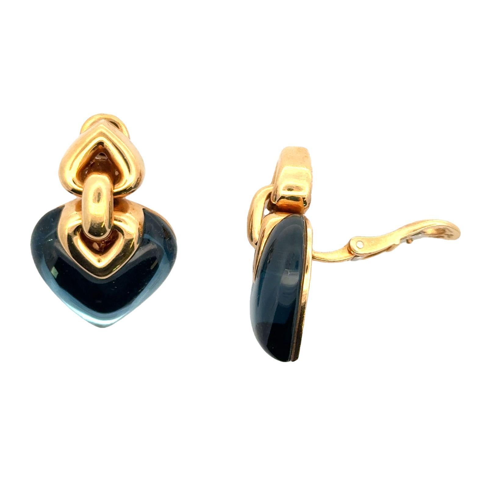 Bvlgari Doppio Cuore Herzohrringe aus 18 Karat Gelbgold Londoner blauem Topas (Moderne)