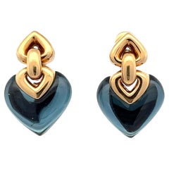 Bvlgari Doppio Cuore 18 Karat Yellow Gold London Blue Topaz Heart Earrings