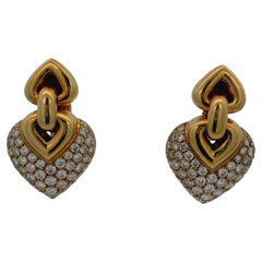 Bvlgari Doppio Cuore Diamond Heart Yellow Gold Drop Earrings