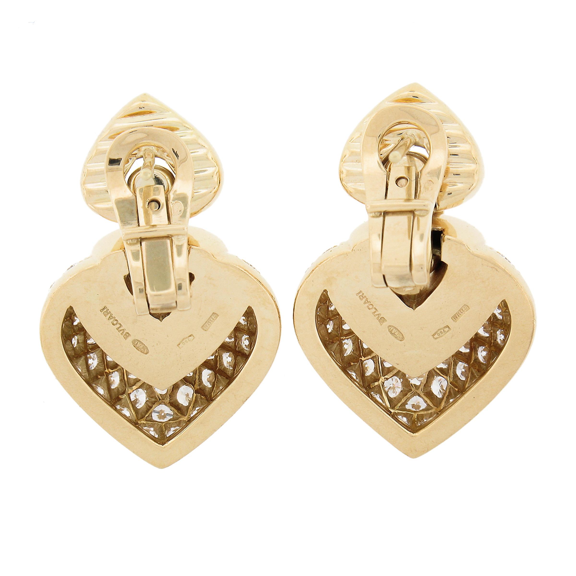 Round Cut Bvlgari Doppio Cuoro 18K Yellow Gold Pave Set Diamond Drop Dangle Heart Earrings
