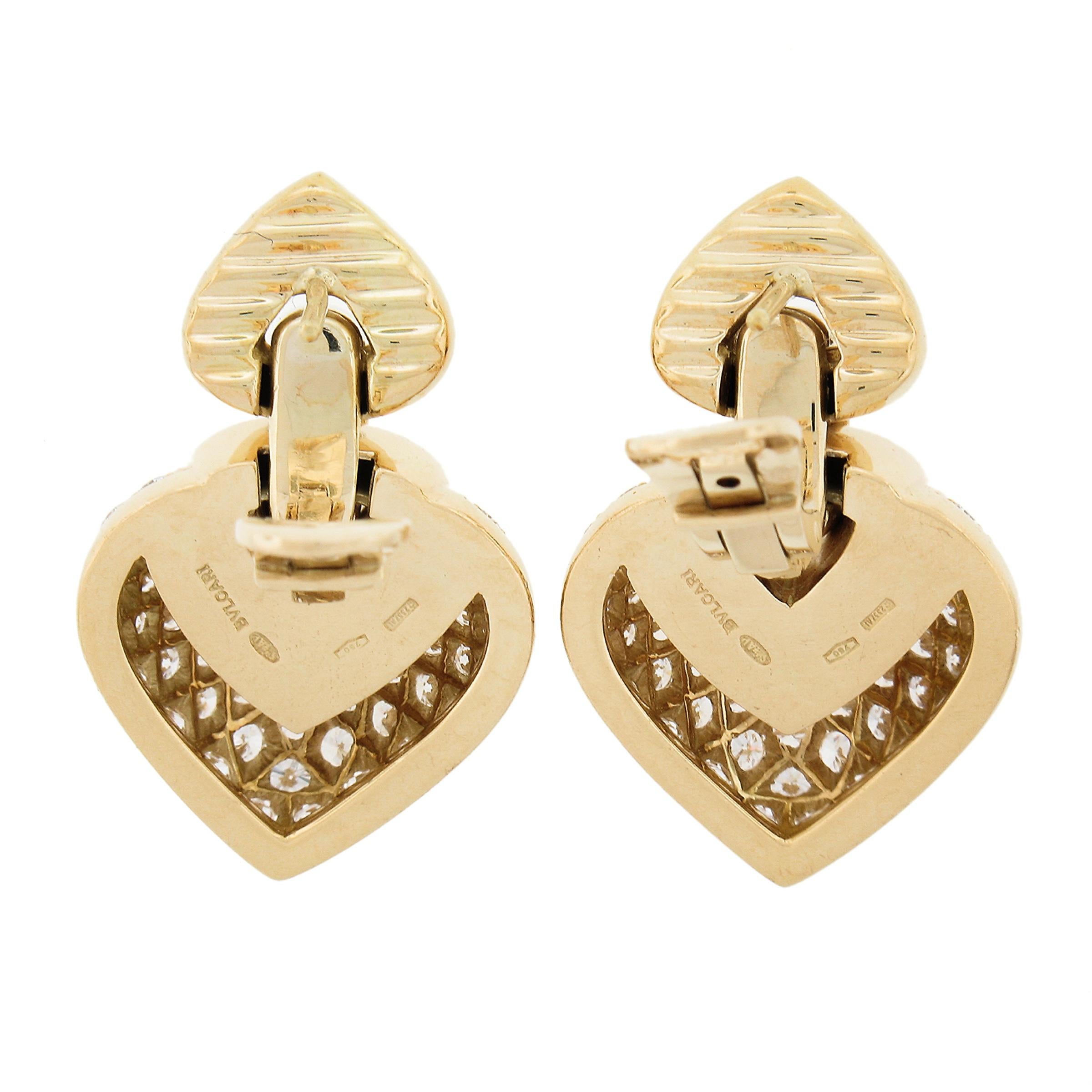Bvlgari Doppio Cuoro 18K Yellow Gold Pave Set Diamond Drop Dangle Heart Earrings In Excellent Condition In Montclair, NJ
