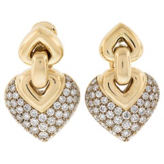 Bvlgari Doppio Cuoro 18K Yellow Gold Pave Set Diamond Drop Dangle Heart Earrings