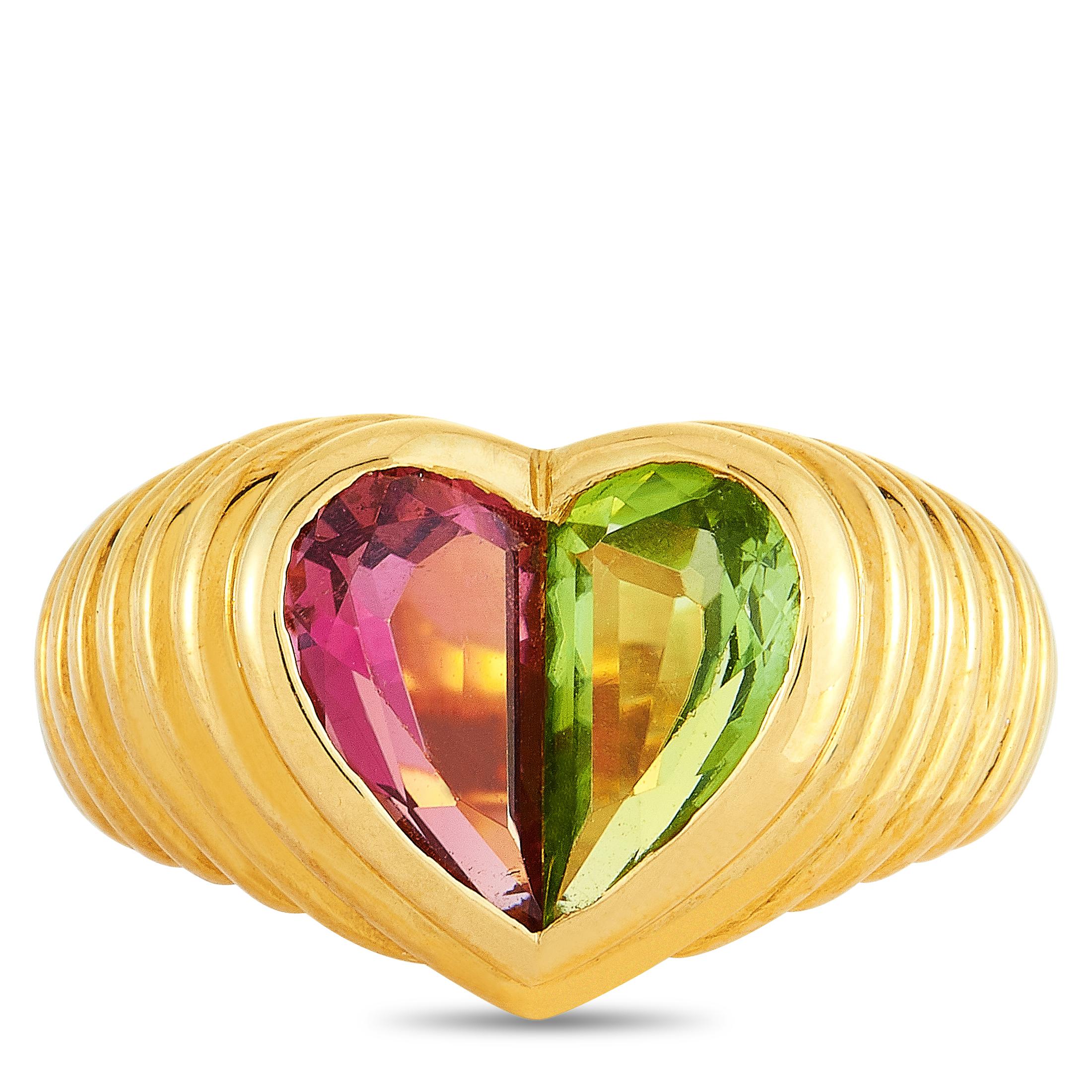 Bvlgari Doppio Peridot and Tourmaline Yellow Gold Heart Shape Ring 3