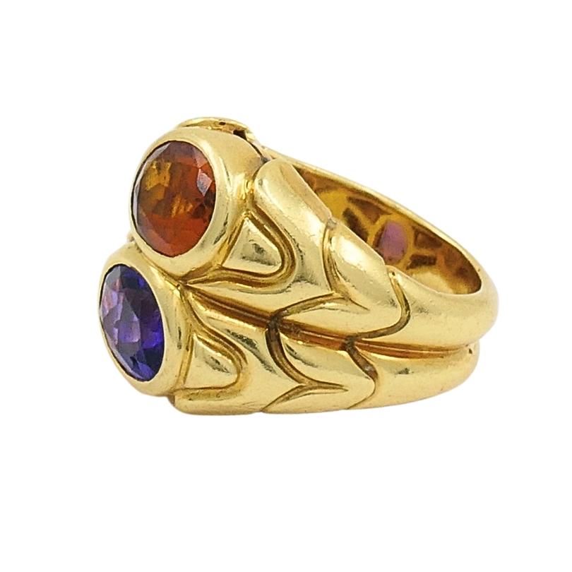 Bvlgari Doppio Ring Citrine & Amethyst 18k Gold In Good Condition For Sale In Beverly Hills, CA