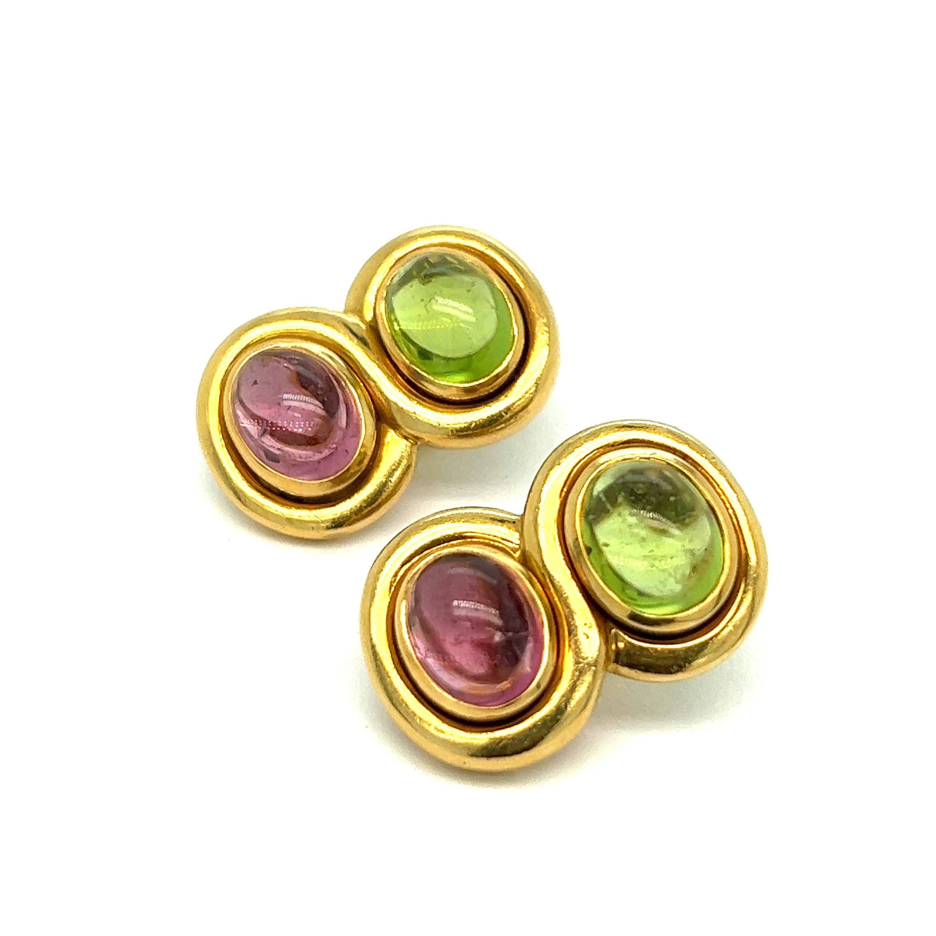 Goldohrringe von Bvlgari Doppio Cuore mit Peridot und rosa Turmalin (Cabochon)